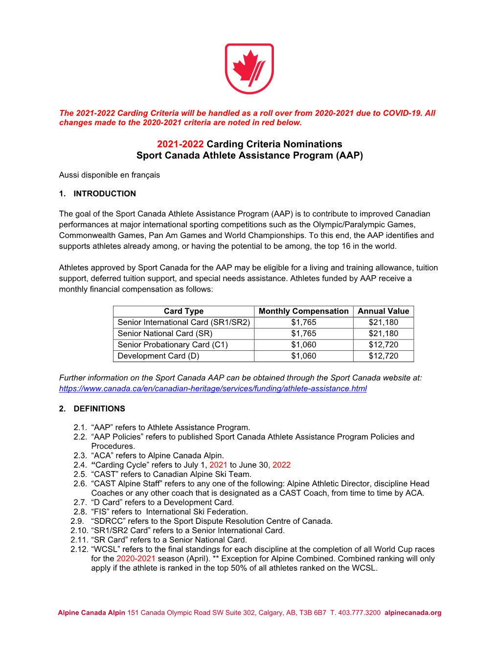 2021-2022 Carding Criteria Nominations Sport Canada Athlete Assistance Program (AAP)