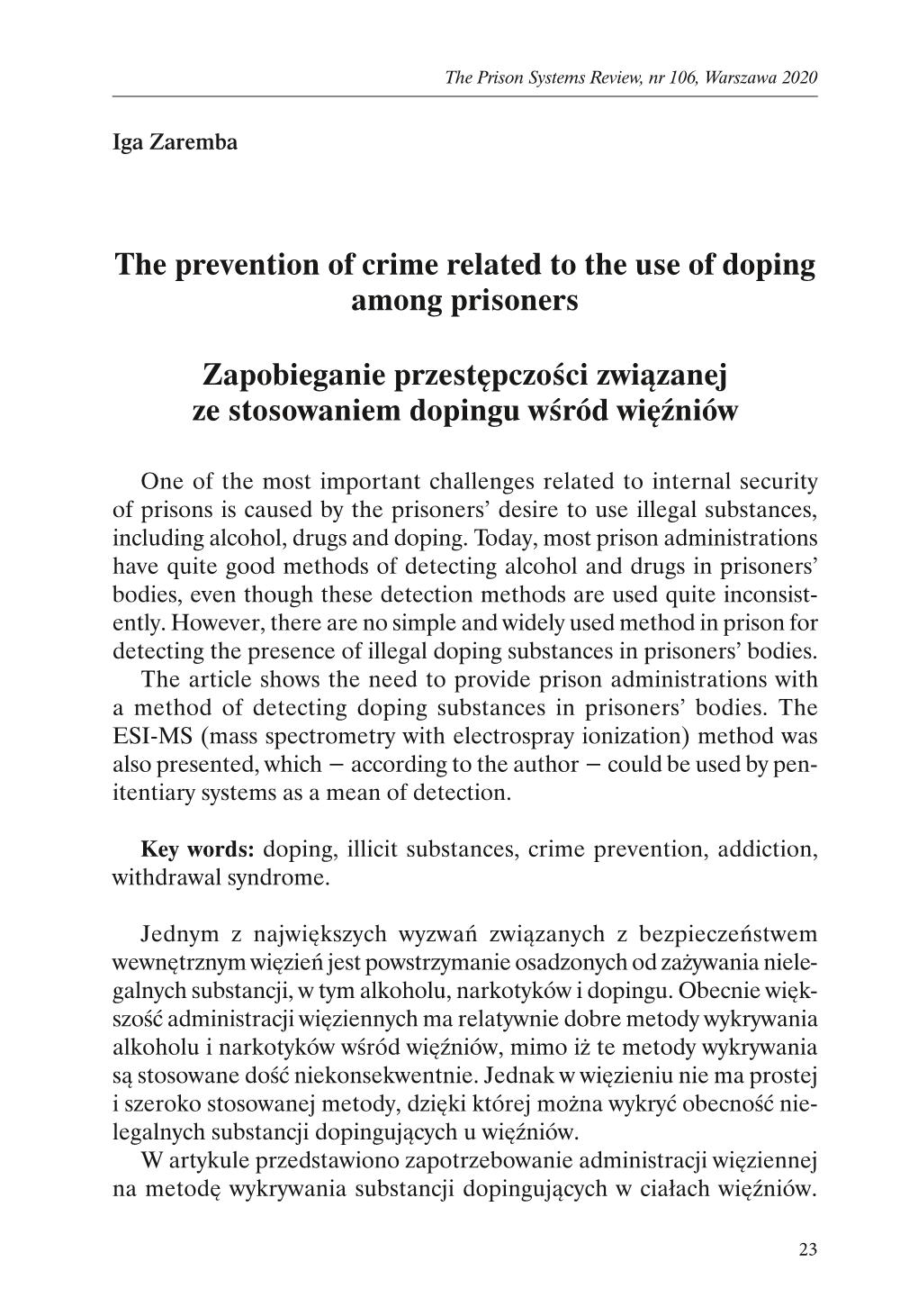 The Prevention of Crime Related to the Use of Doping Among Prisoners