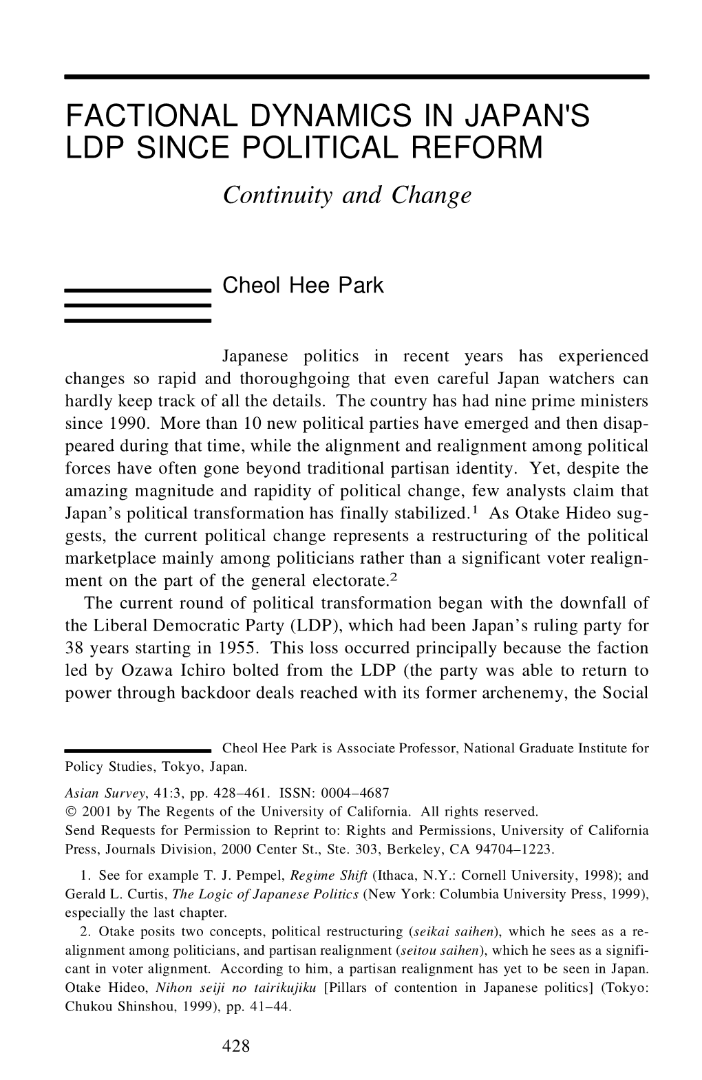 Factional Dynamics in Japan's Ldp Since Political Reform