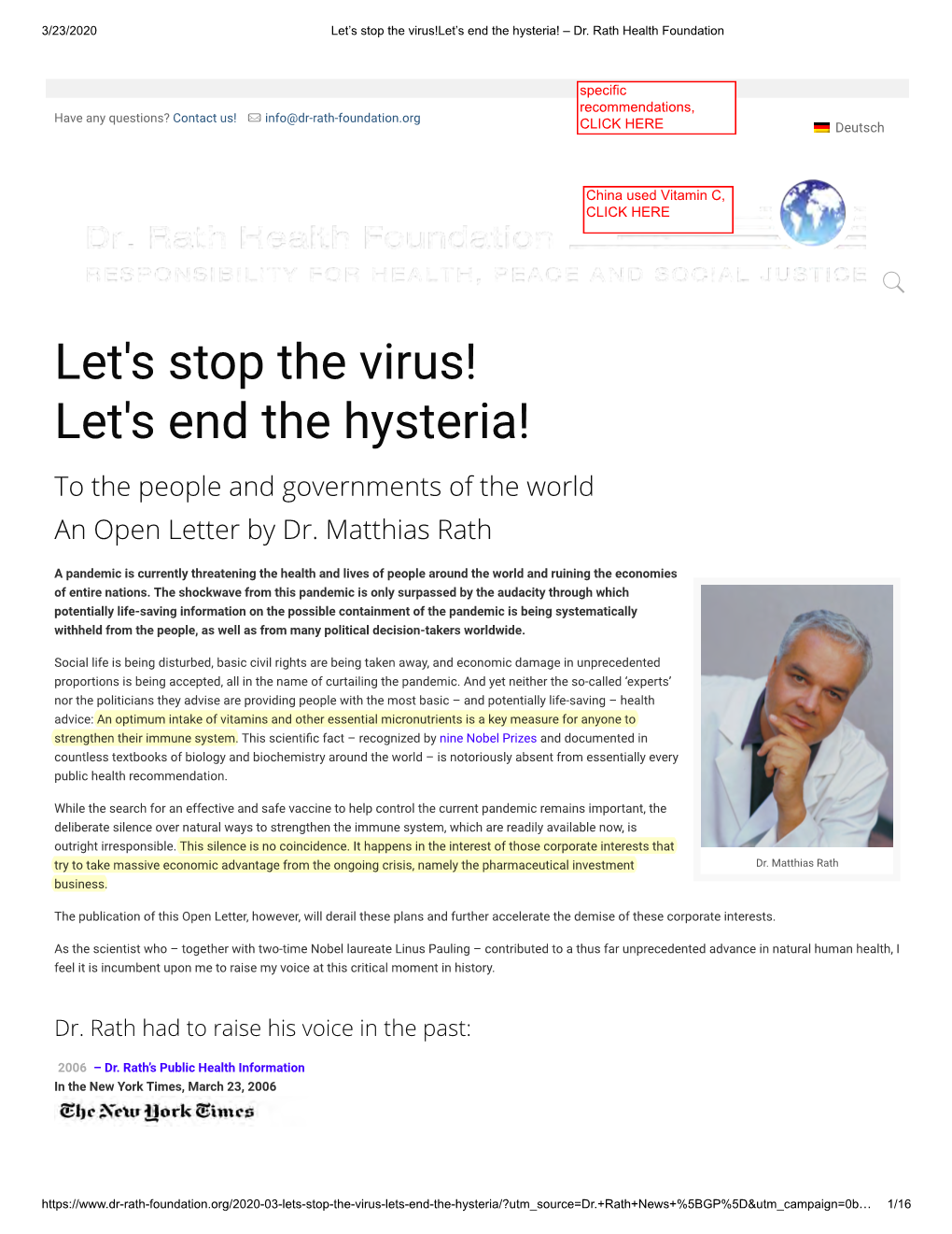 Let's Stop the Virus!- Let's End the Hysteria! – Dr. Rath Health