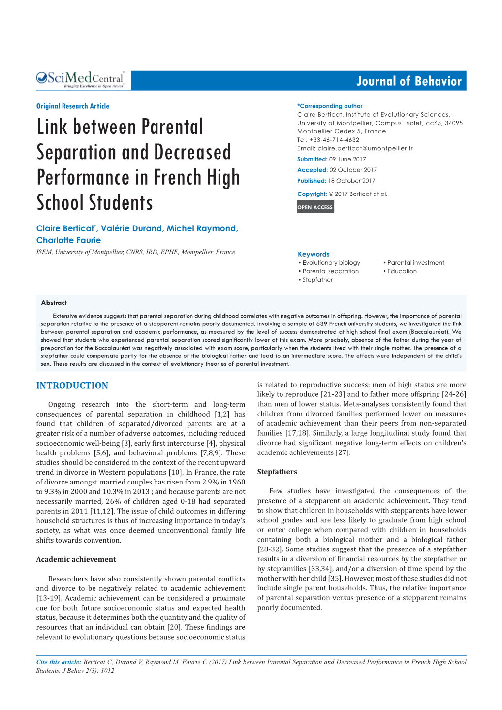 Link Between Parental Separation and Decreased Performance in French High School Students