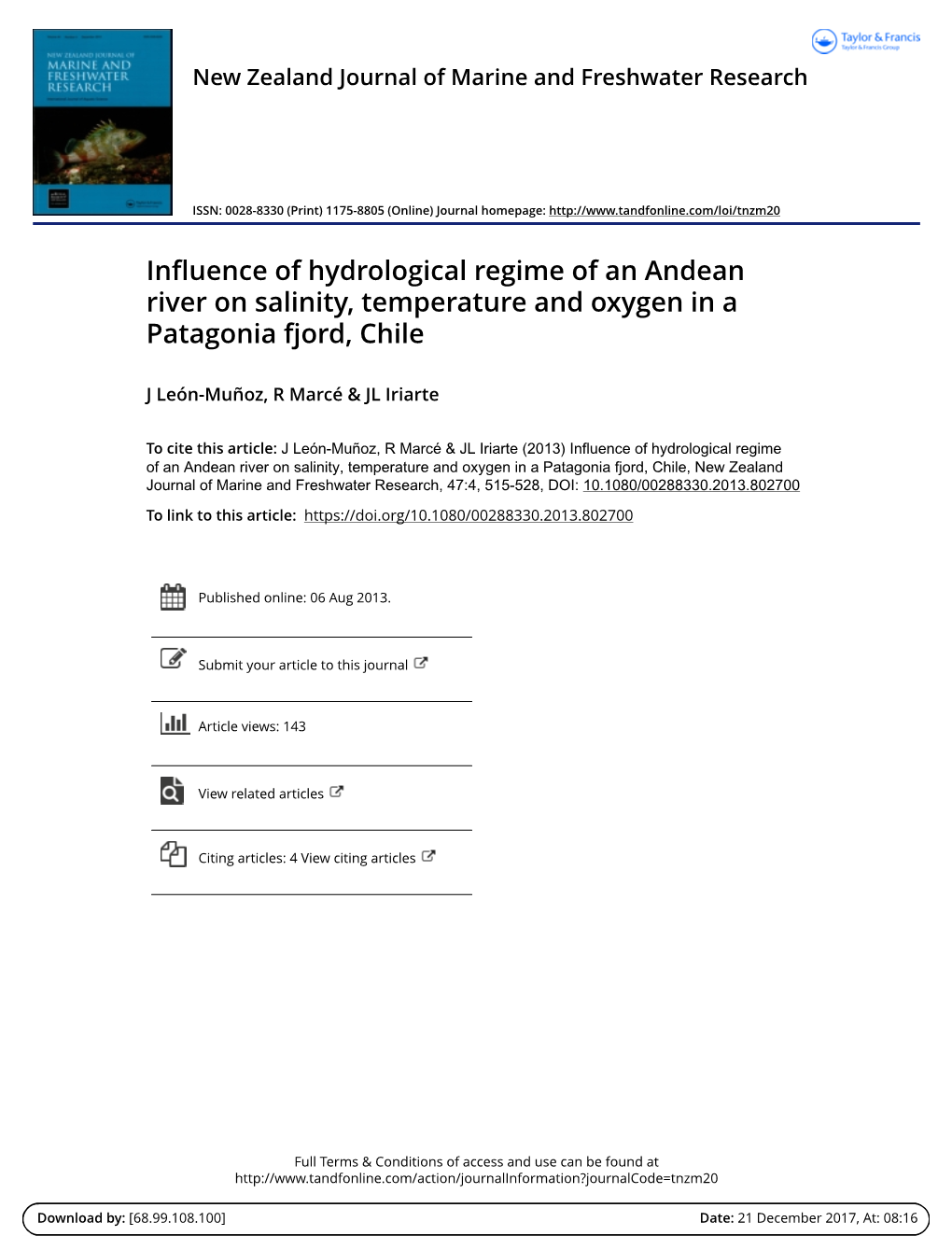 Influence of Hydrological Regime of an Andean River on Salinity, Temperature and Oxygen in a Patagonia Fjord, Chile