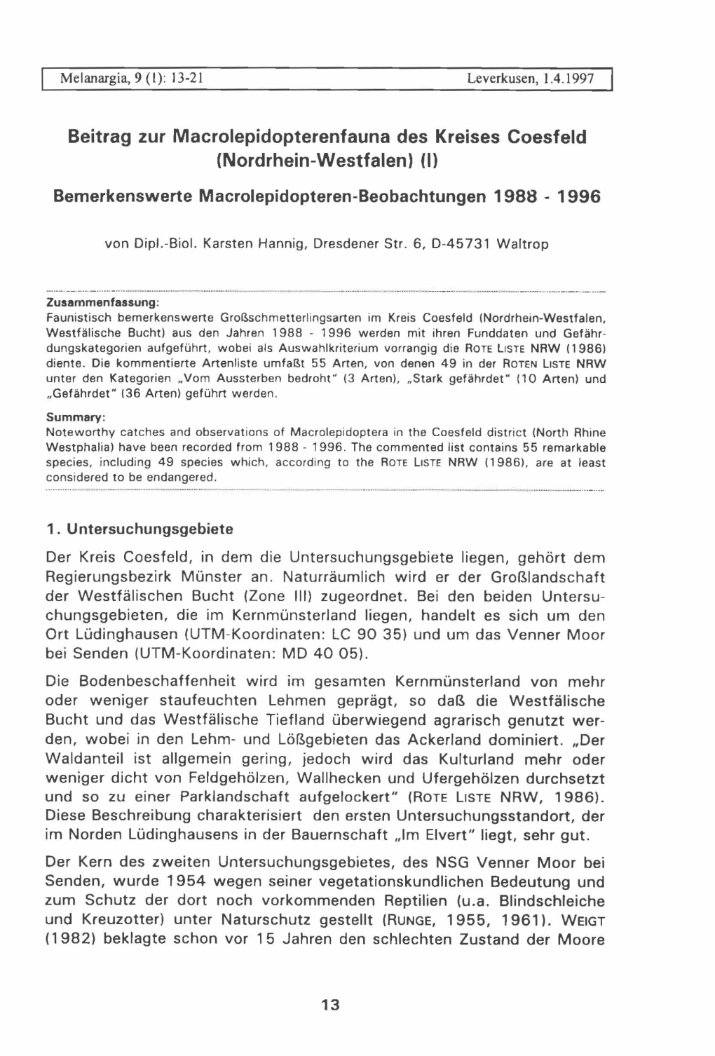 Beitrag Zur Macrolepidopterenfauna Des Kreises Coesfeld (Nordrhein-Westfalen) (I)