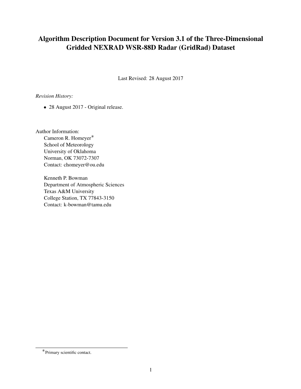 Algorithm Description Document for Version 3.1 of the Three-Dimensional Gridded NEXRAD WSR-88D Radar (Gridrad) Dataset