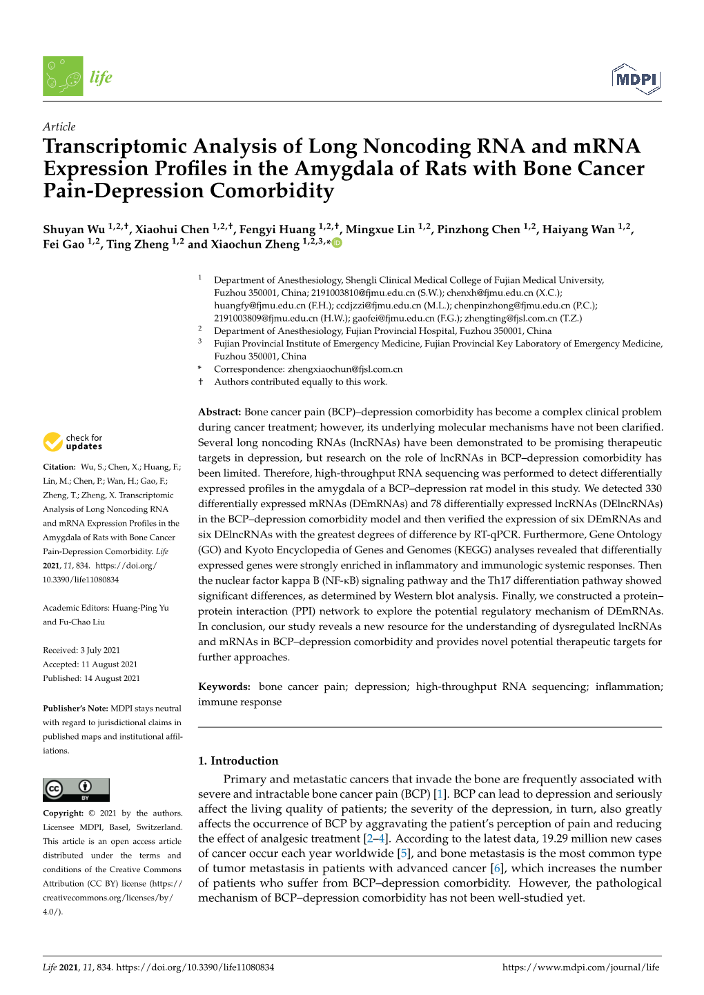 Transcriptomic Analysis of Long Noncoding RNA and Mrna Expression Proﬁles in the Amygdala of Rats with Bone Cancer Pain-Depression Comorbidity