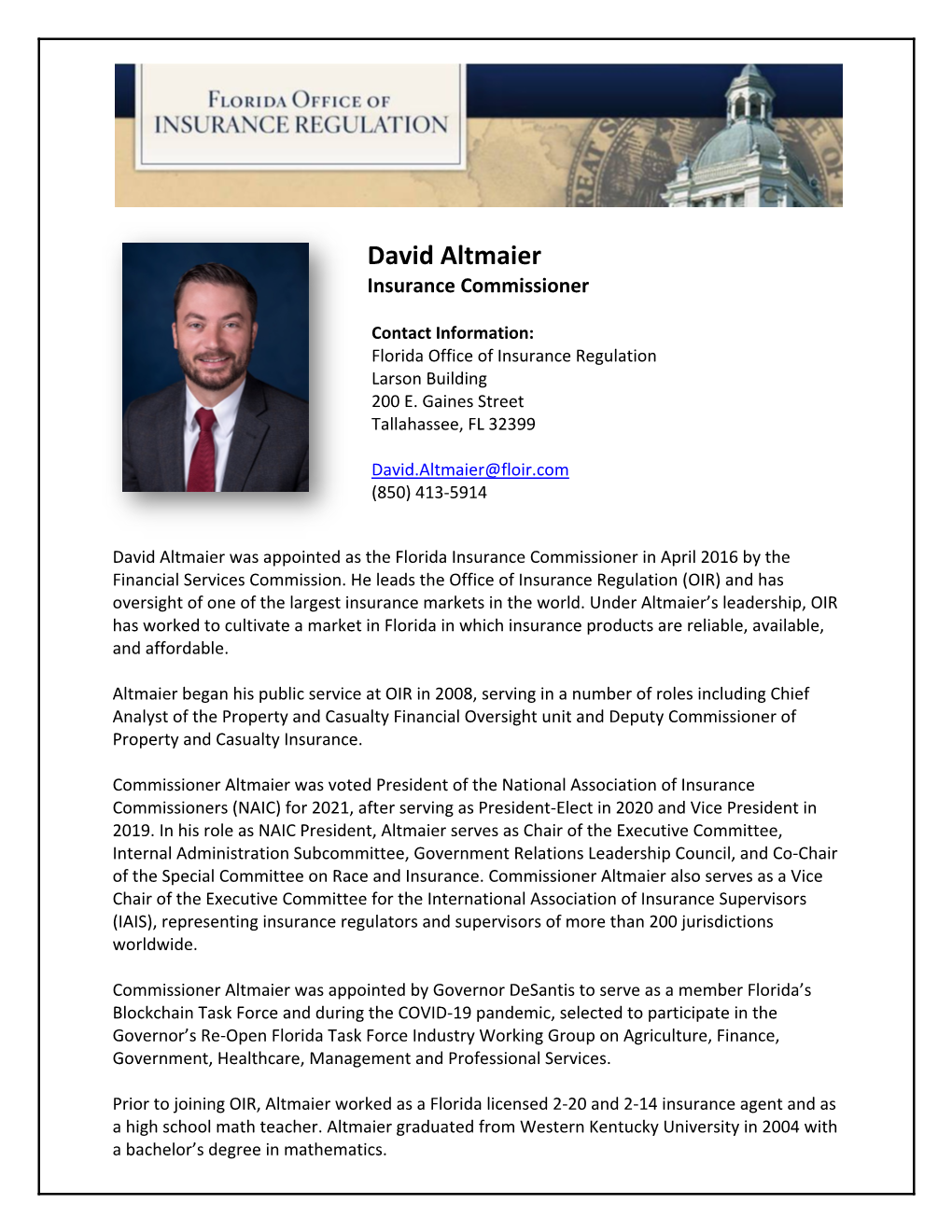 David Altmaier Insurance Commissioner