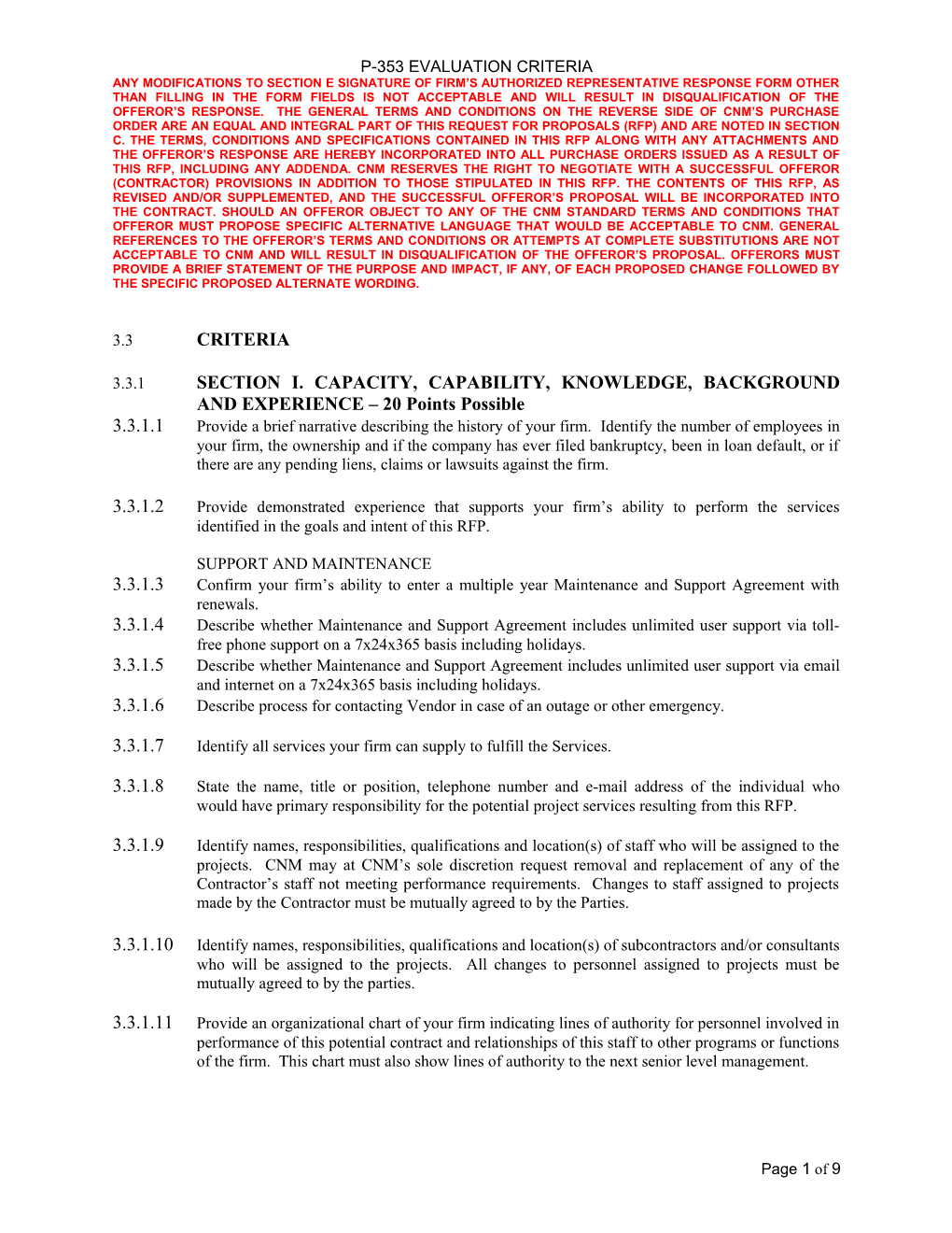 3.3.1 SECTION I. CAPACITY, CAPABILITY, KNOWLEDGE, BACKGROUND and EXPERIENCE 20 Points Possible