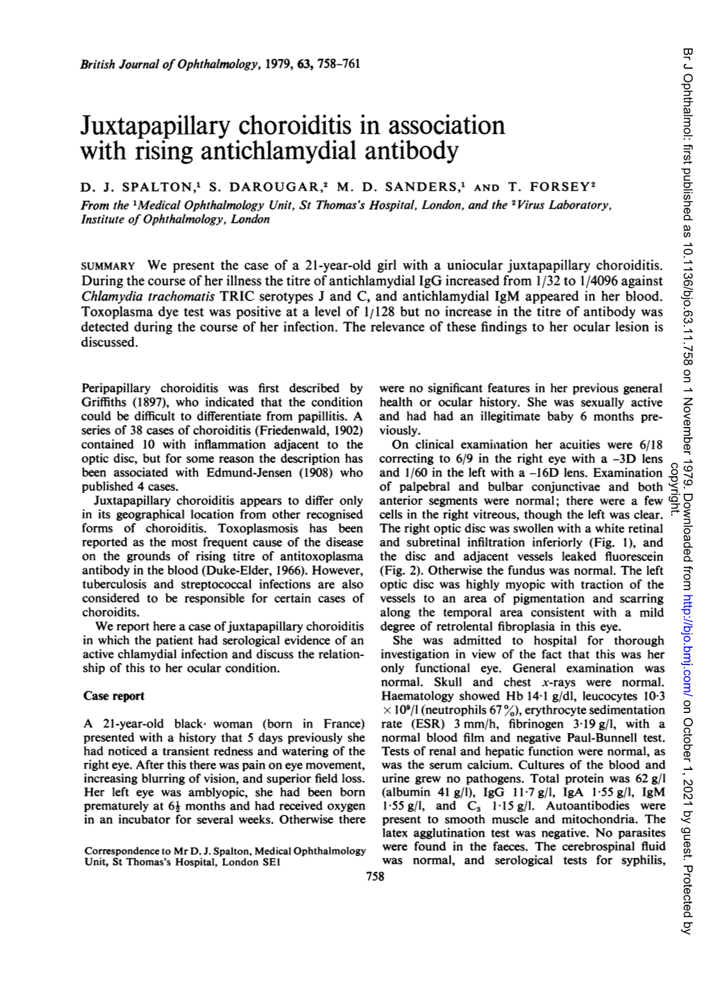 Juxtapapillary Choroiditis in Association with Rising Antichlamydial Antibody