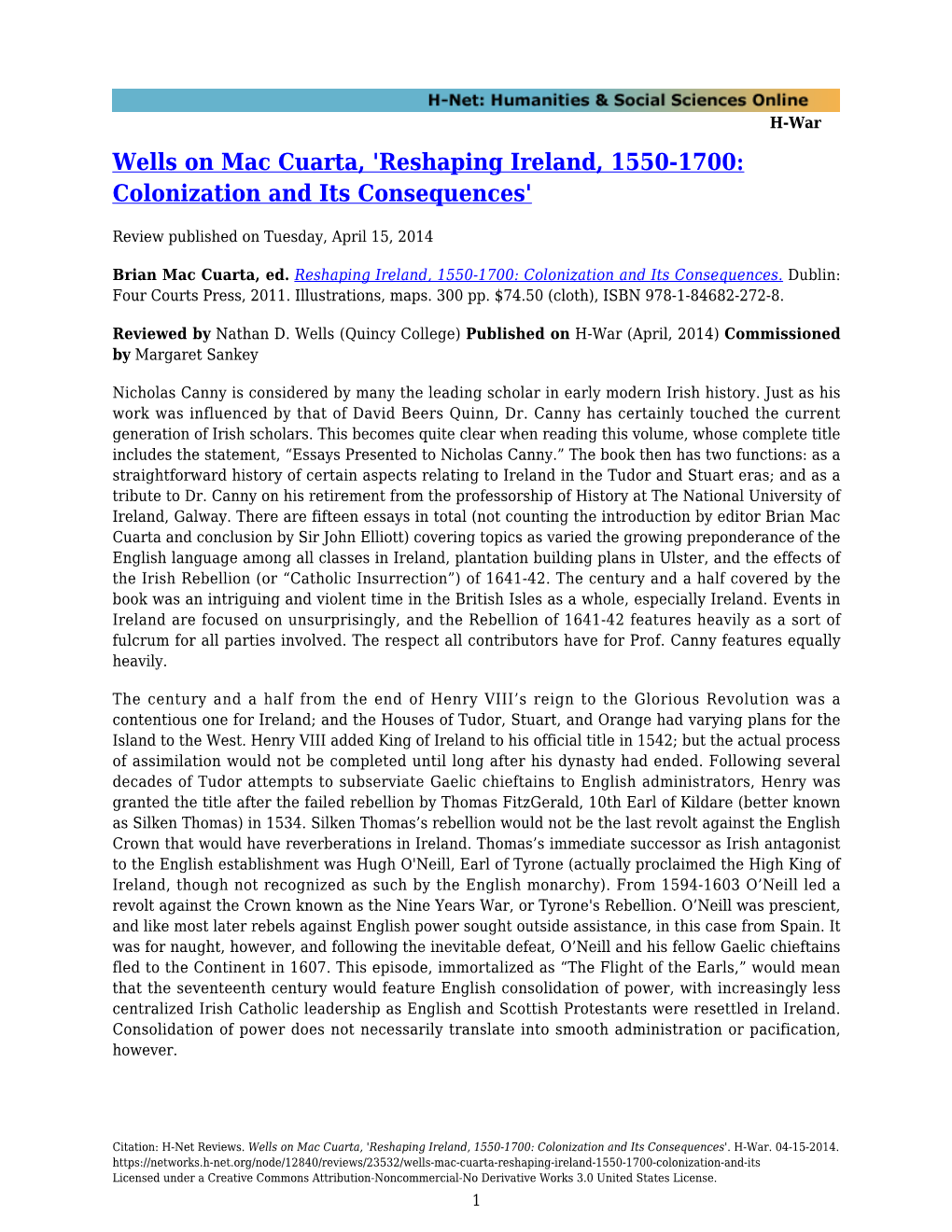 Wells on Mac Cuarta, 'Reshaping Ireland, 1550-1700: Colonization and Its Consequences'
