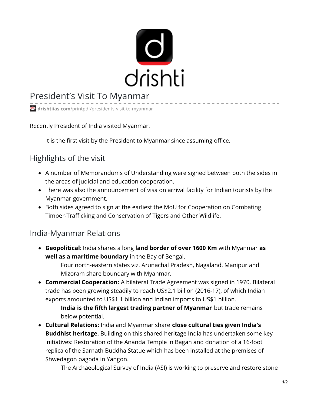 President's Visit to Myanmar