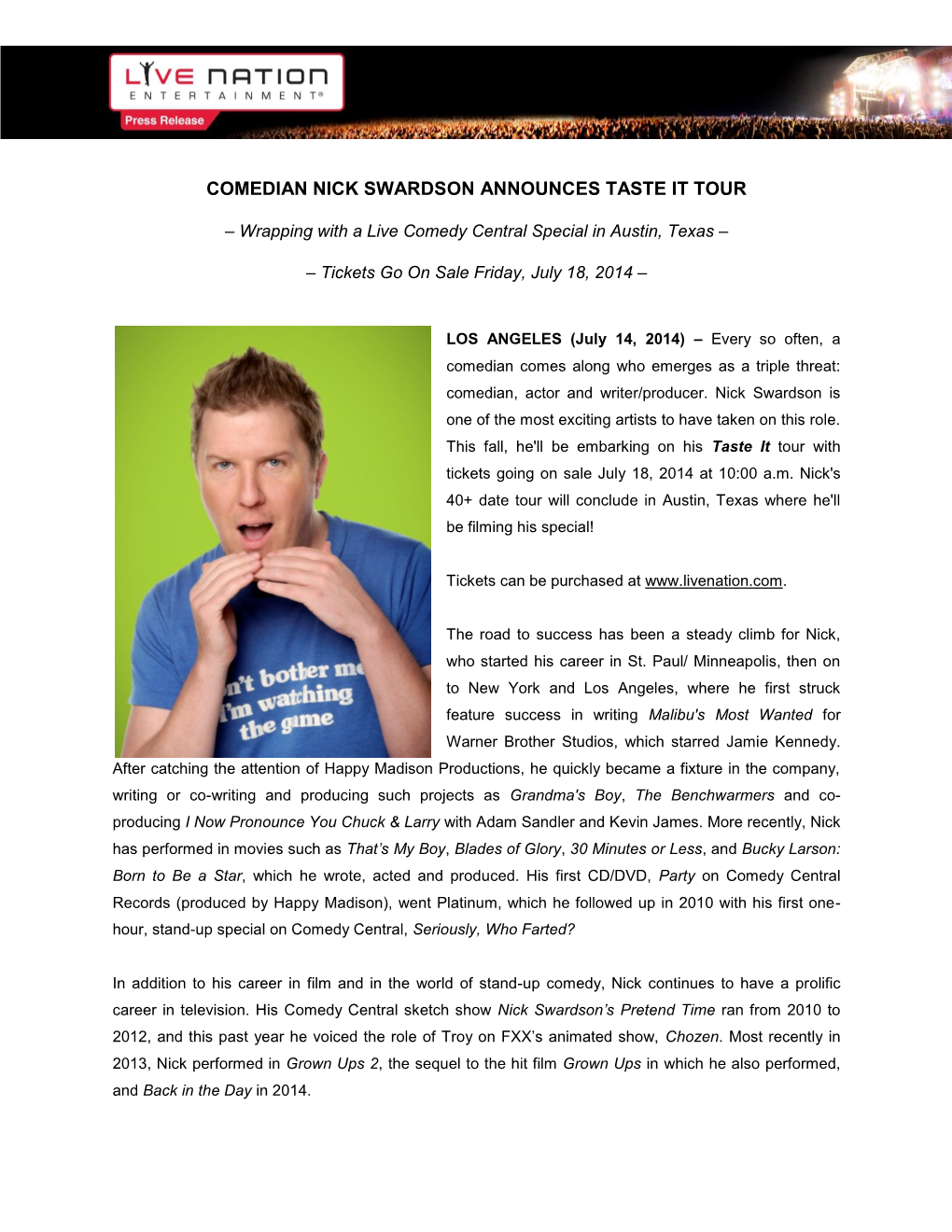 Comedian Nick Swardson Announces Taste It Tour