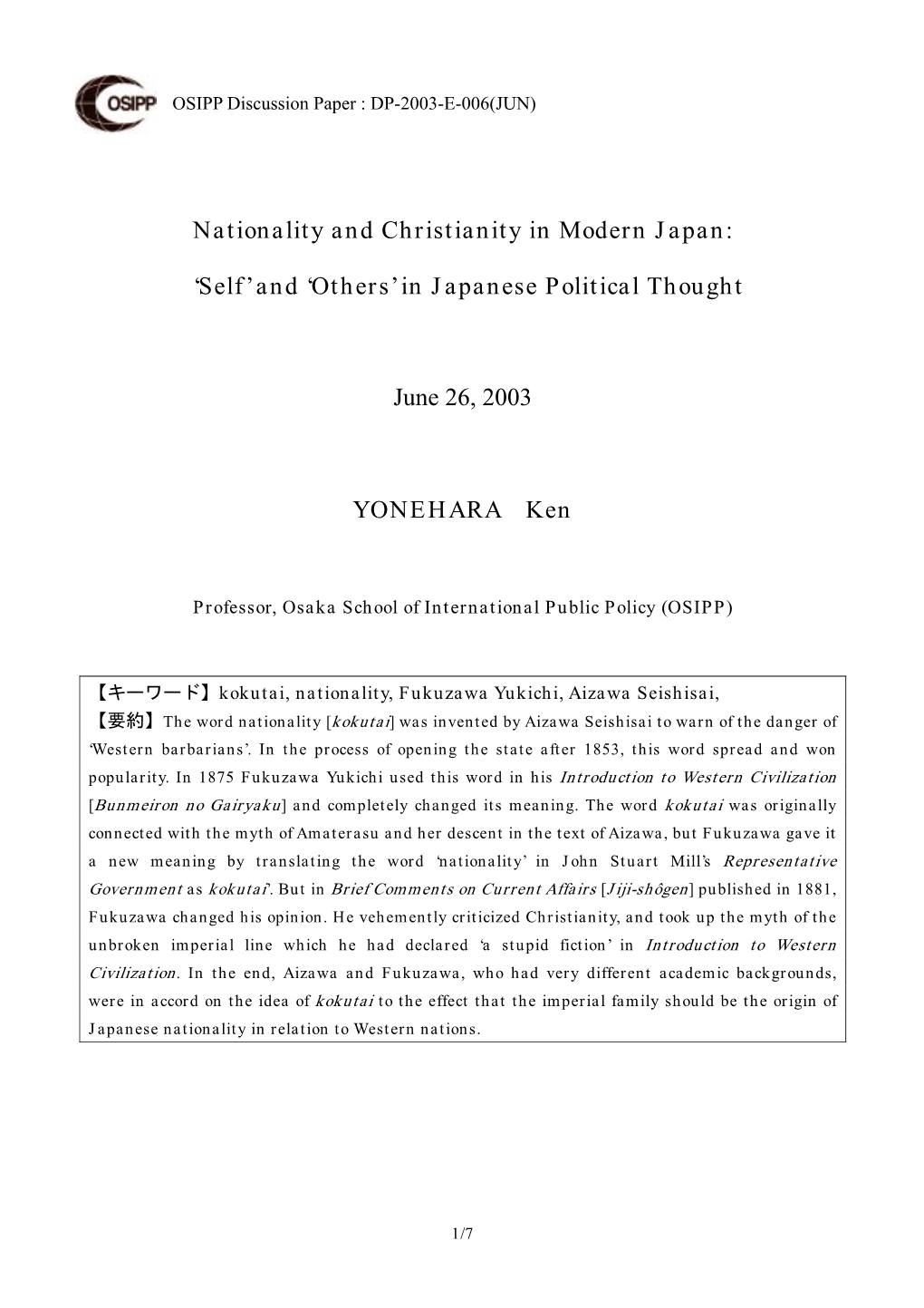 The Idea of Nationality and the Christianity in Modern Japan : 'Self