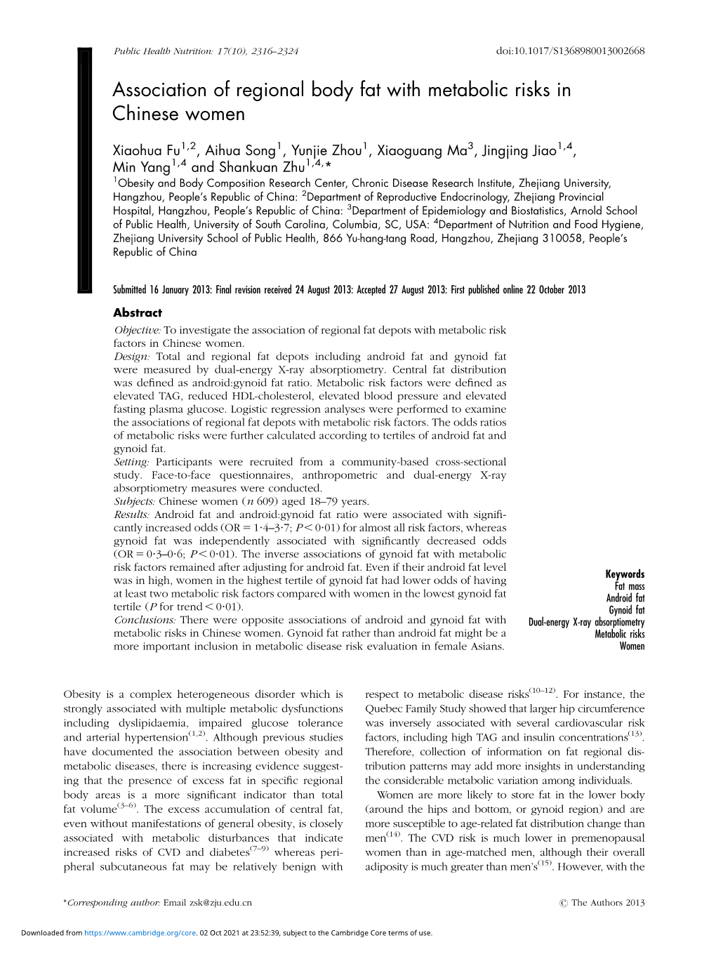 Association of Regional Body Fat with Metabolic Risks in Chinese Women