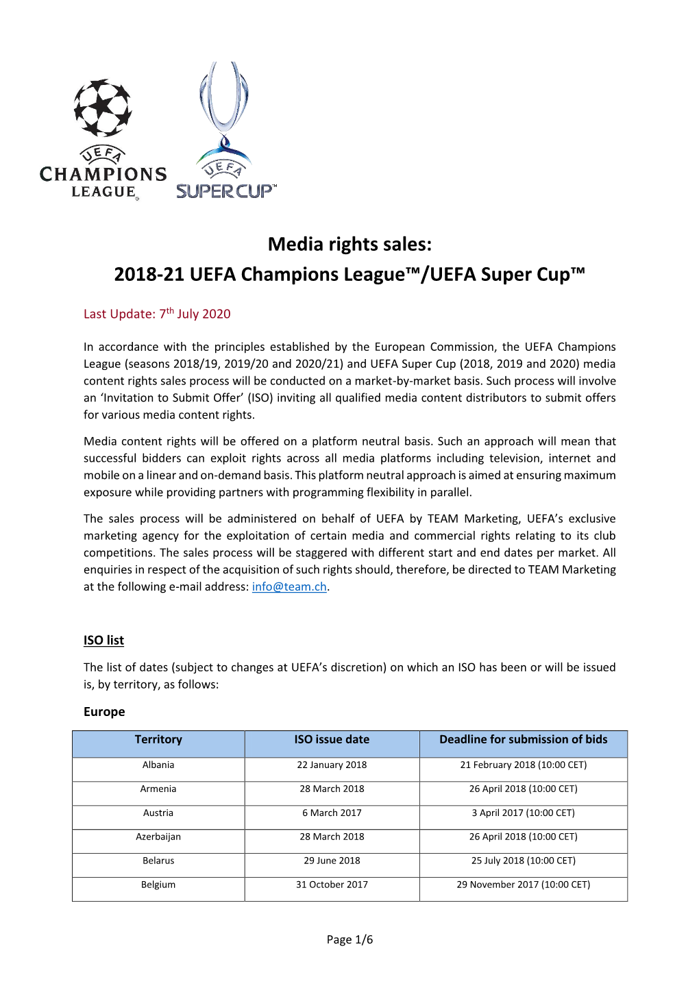Media Rights Sales: 2018-21 UEFA Champions League™/UEFA Super Cup™