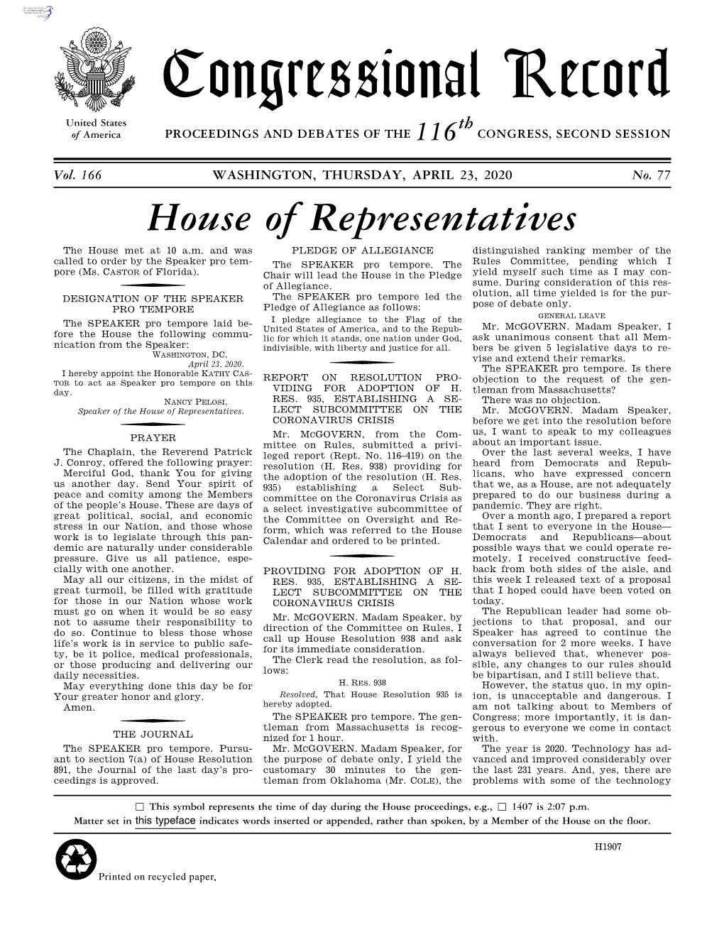 Congressional Record United States Th of America PROCEEDINGS and DEBATES of the 116 CONGRESS, SECOND SESSION