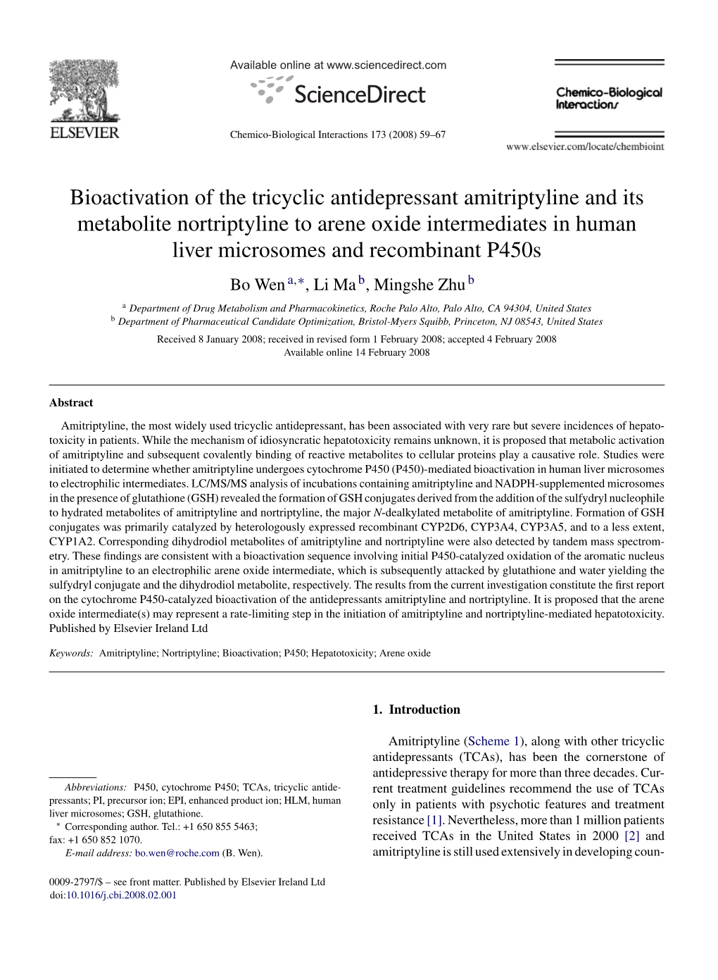 Bioactivation of the Tricyclic Antidepressant Amitriptyline and Its