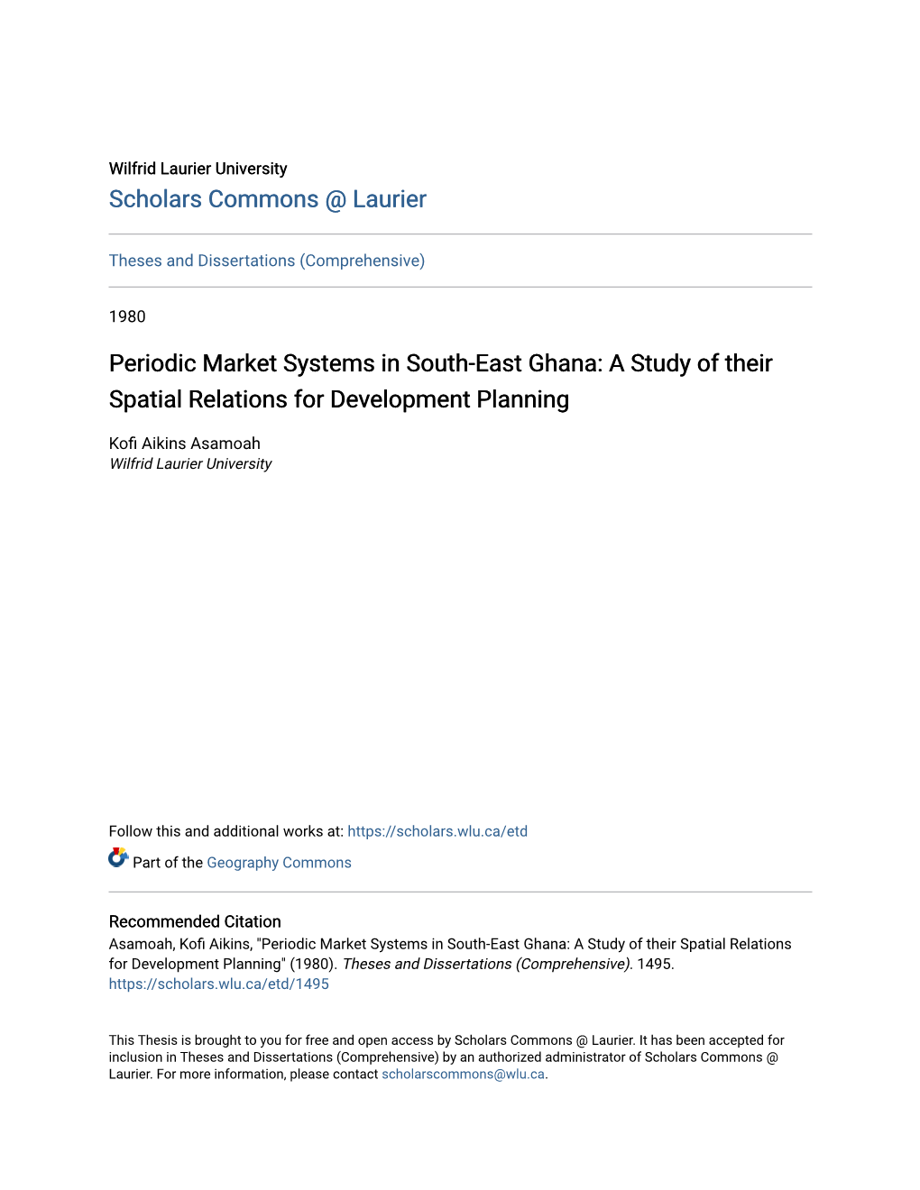 Periodic Market Systems in South-East Ghana: a Study of Their Spatial Relations for Development Planning