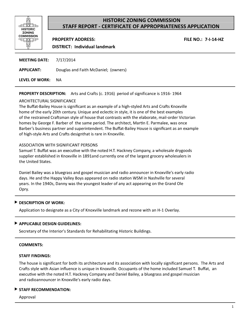 Historic Zoning Commission Staff Report ‐ Certificate of Appropriateness Application