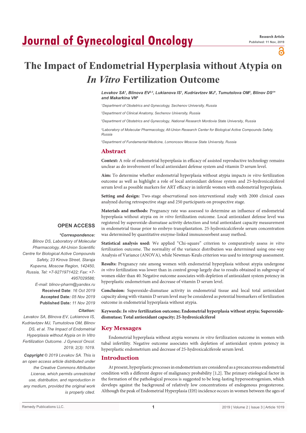 The Impact of Endometrial Hyperplasia Without Atypia on in Vitro Fertilization Outcome