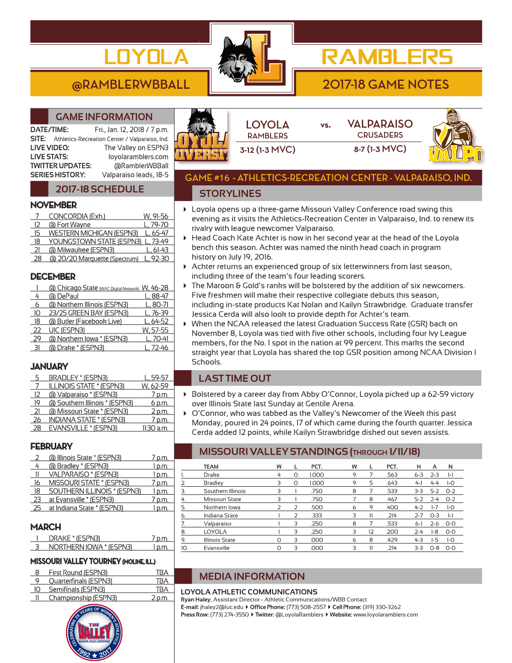 Loyola Ramblers @Ramblerwbball 2017-18 Game Notes