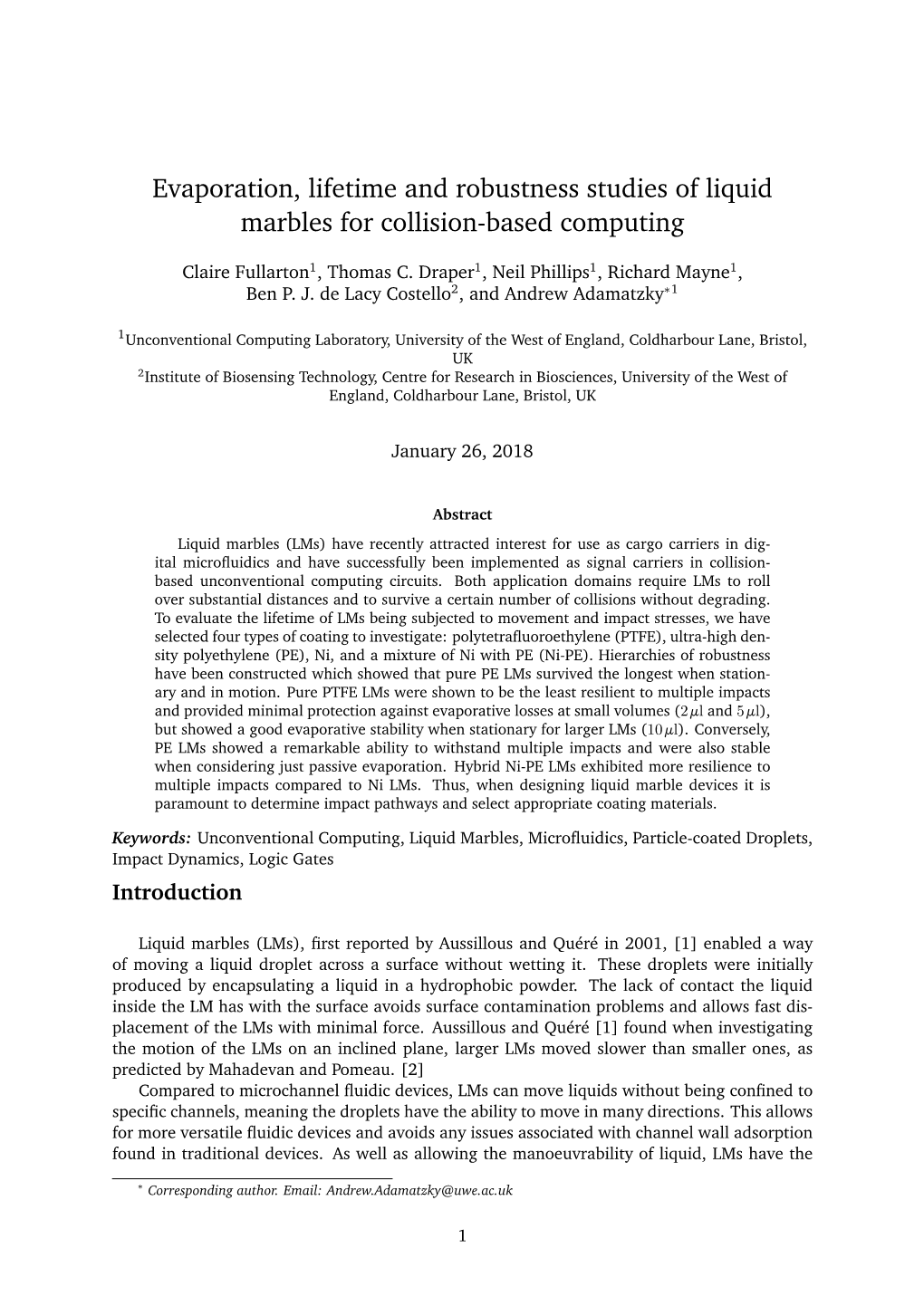 Evaporation, Lifetime and Robustness Studies of Liquid Marbles for Collision-Based Computing