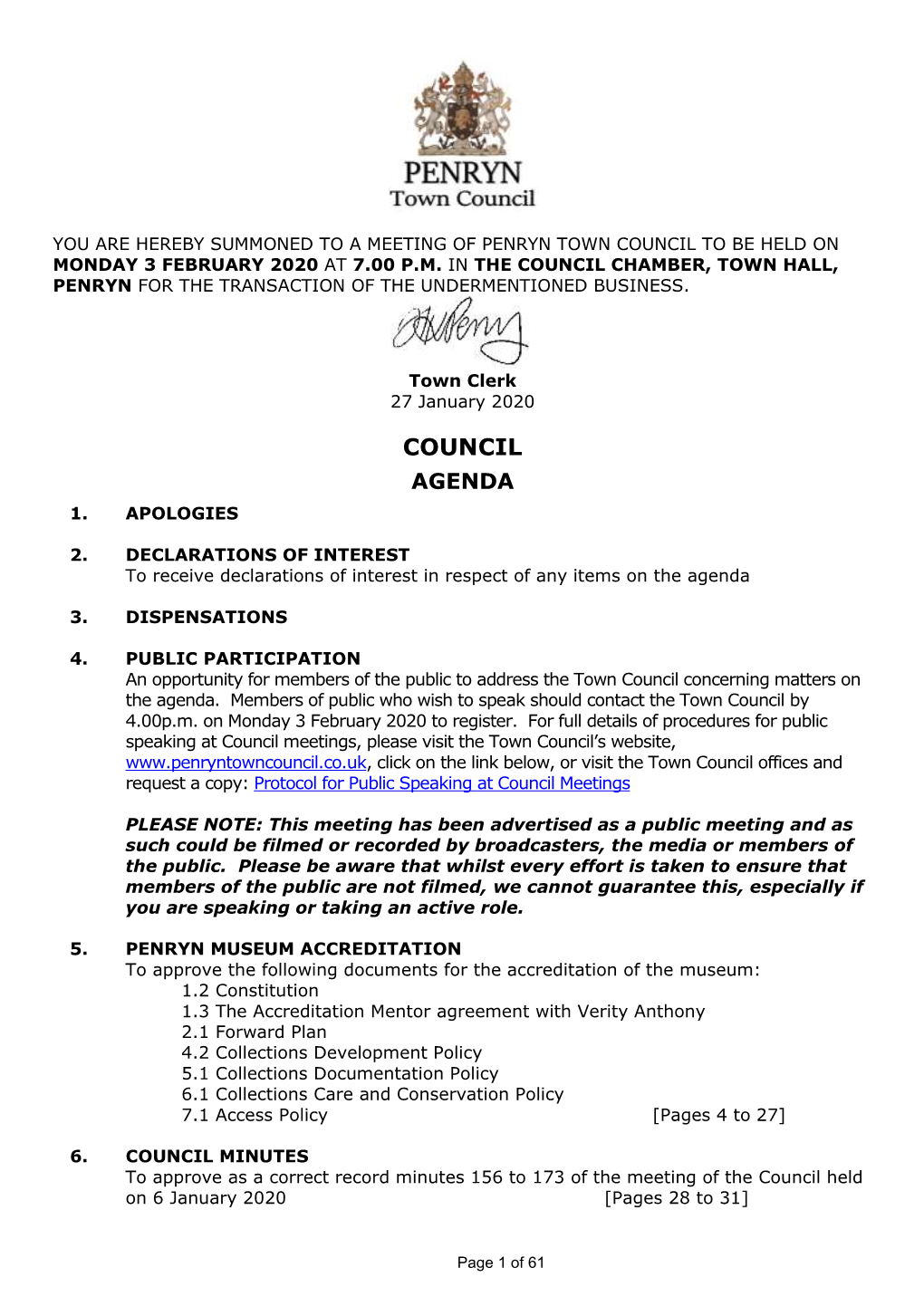 Penryn Town Council to Be Held on Monday 3 February 2020 at 7.00 P.M