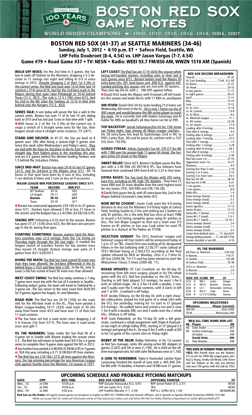 Red Sox Game Notes Page 2 TODAY’S STARTING PITCHER 61-FELIX DOUBRONT, LHP 8-4, 4.54 ERA, 15 Starts 2012: 8-4, 4.54 ERA (43 ER/85.1 IP) in 15 GS 2012 Vs