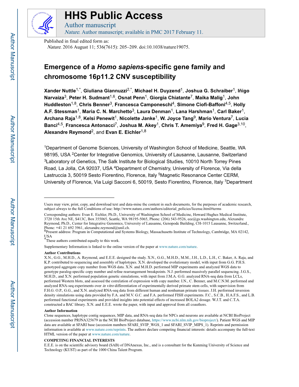 Emergence of a Homo Sapiens-Specific Gene Family and Chromosome 16P11.2 CNV Susceptibility