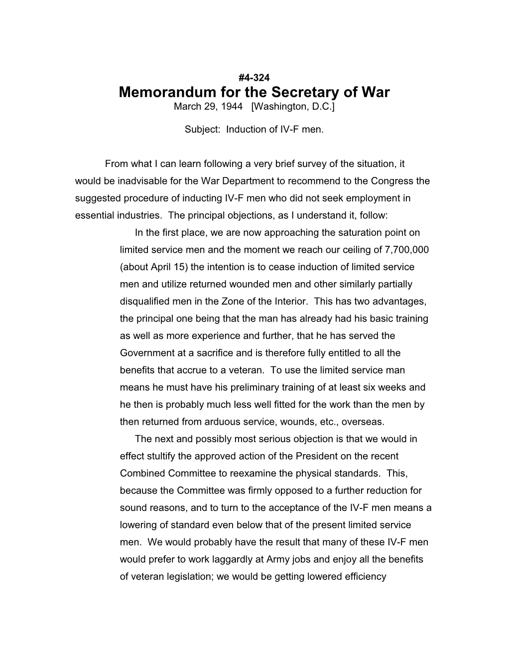 Memorandum for the Secretary of War
