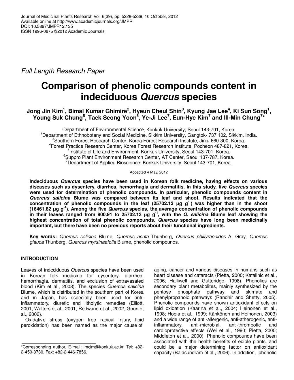 Comparison of Phenolic Compounds Content in Indeciduous Quercus Species