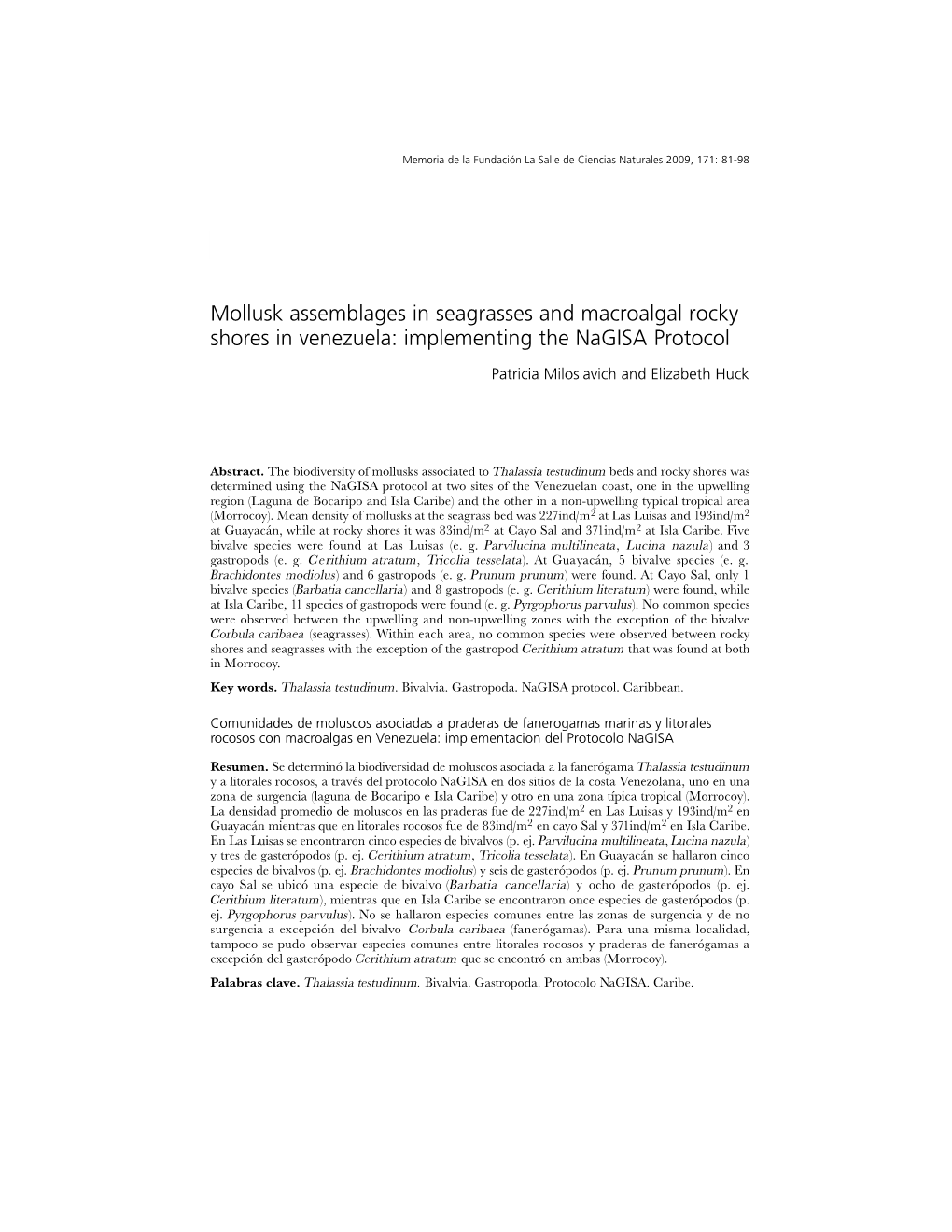 Mollusk Assemblages in Seagrasses and Macroalgal Rocky Shores in Venezuela: Implementing the Nagisa Protocol