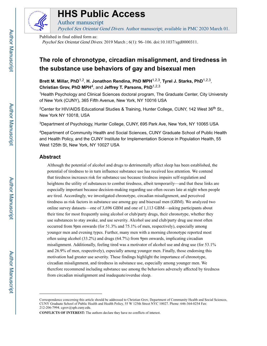 The Role of Chronotype, Circadian Misalignment, and Tiredness in the Substance Use Behaviors of Gay and Bisexual Men