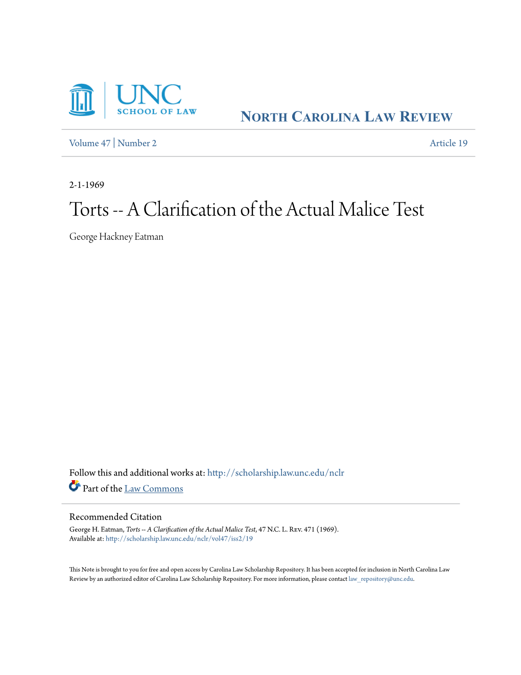 Torts -- a Clarification of the Actual Malice Test George Hackney Eatman