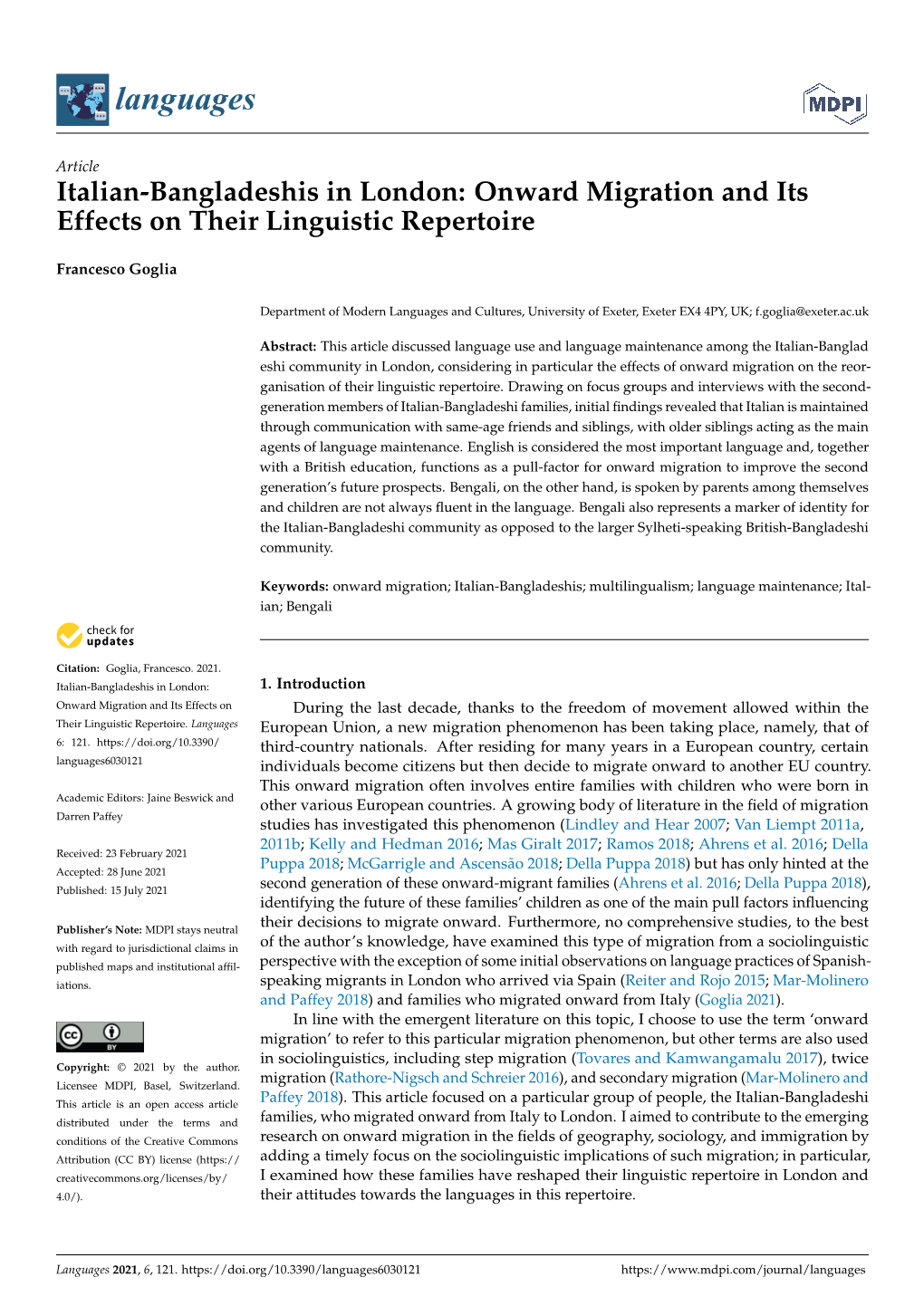 Italian-Bangladeshis in London: Onward Migration and Its Effects on Their Linguistic Repertoire