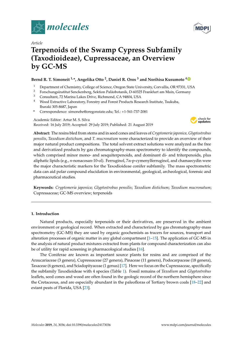 (Taxodioideae), Cupressaceae, an Overview by GC-MS
