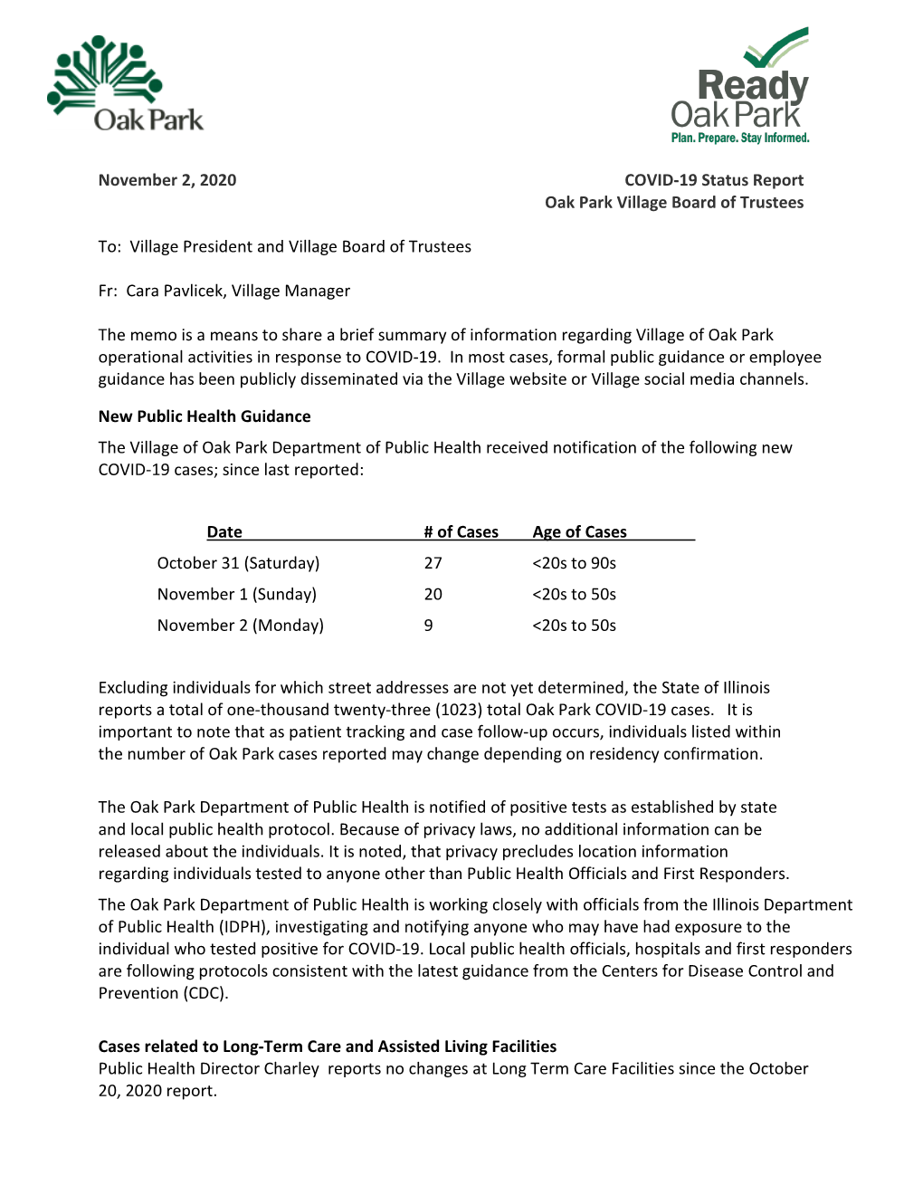 November 2, 2020 COVID-19 Status Report Oak Park Village Board of Trustees