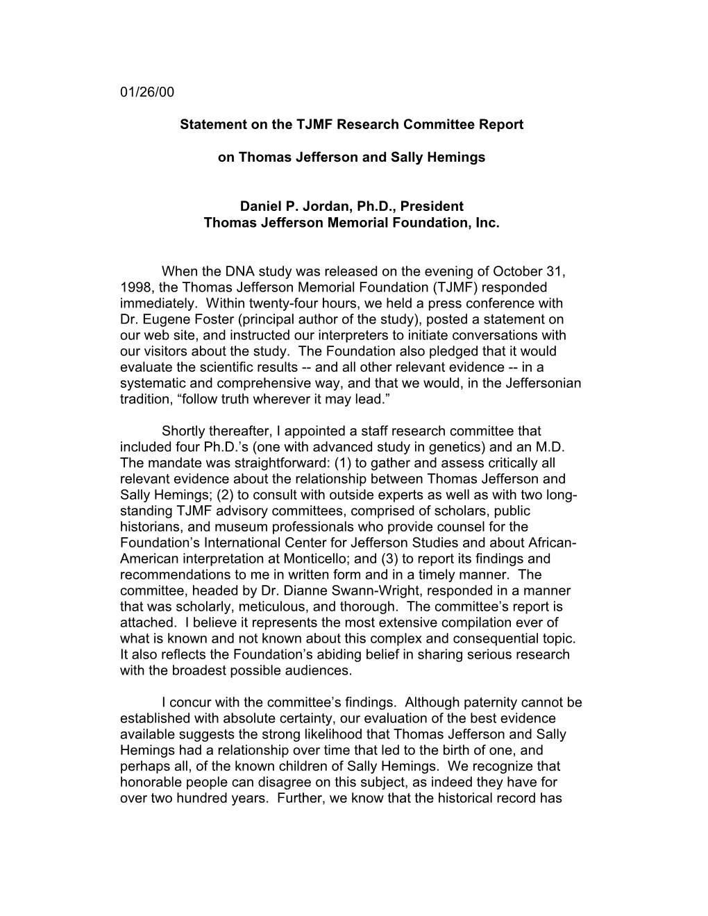 Statistical Study of the Relationship Between Thomas Jefferson's Presence at Monticello and Sally Hemings's Conceptions