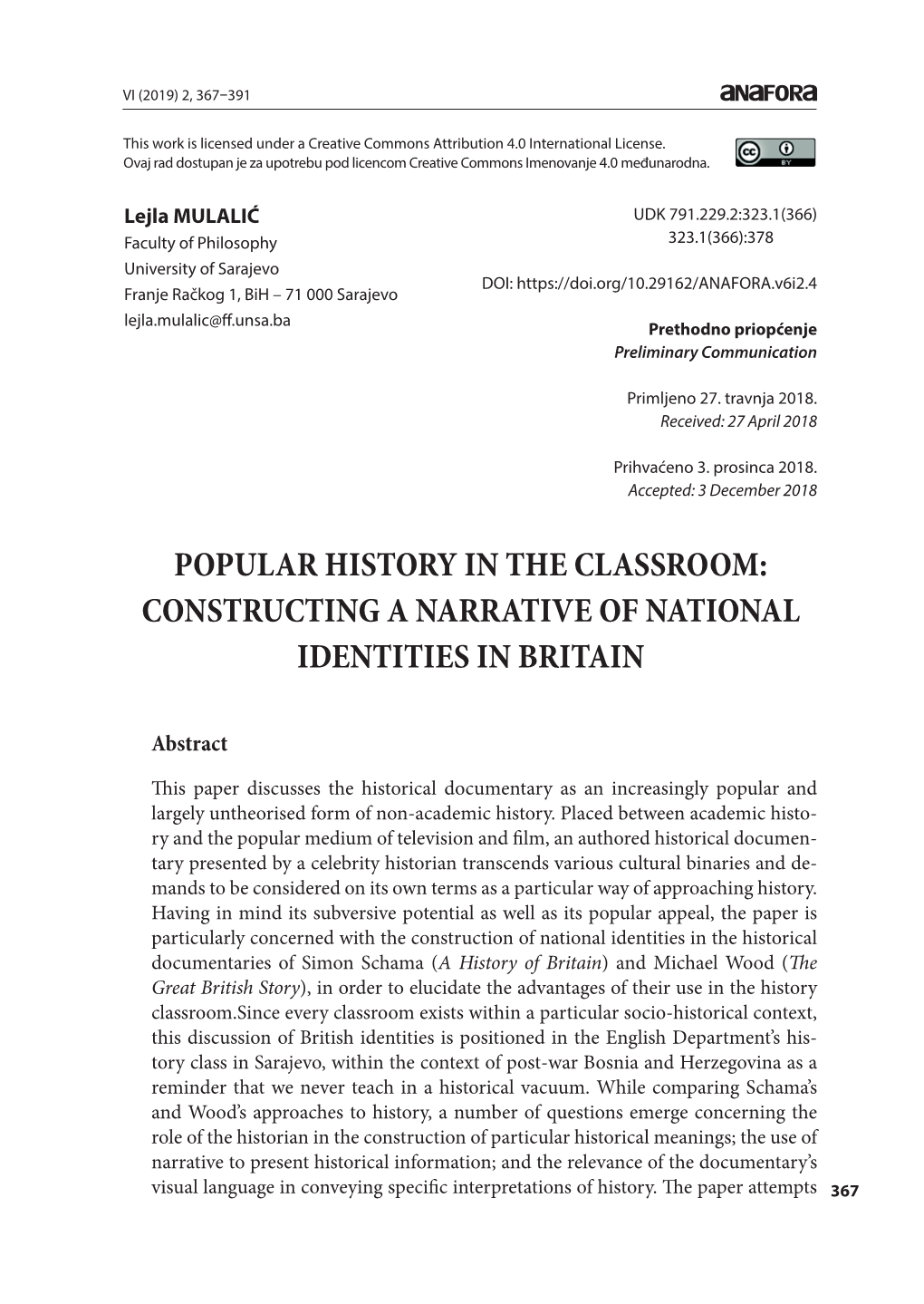 Popular History in the Classroom: Constructing a Narrative of National Identities in Britain