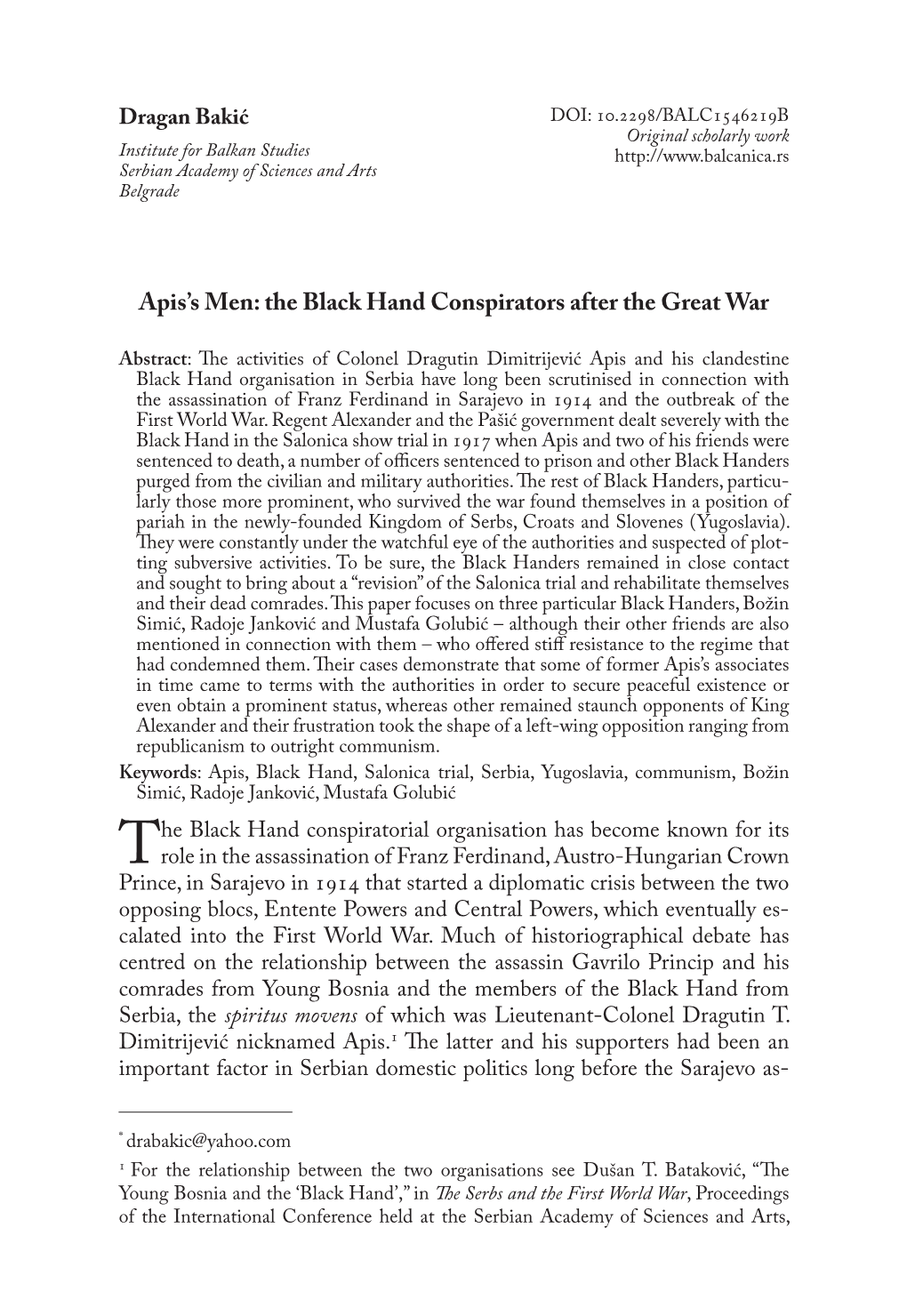 Apis's Men: the Black Hand Conspirators After the Great