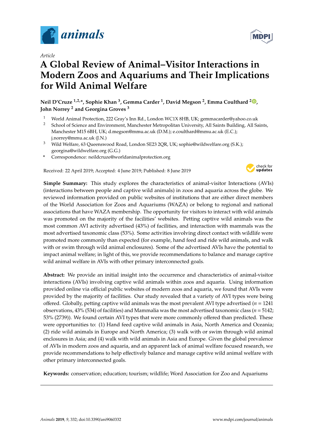 A Global Review of Animal–Visitor Interactions in Modern Zoos and Aquariums and Their Implications for Wild Animal Welfare