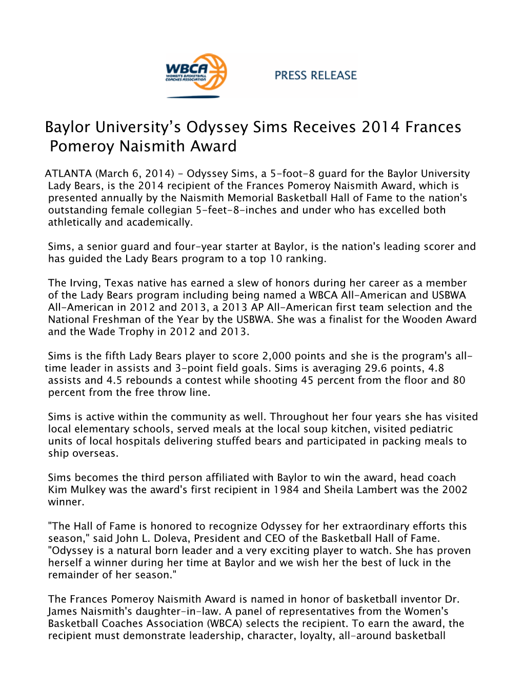 Baylor University's Odyssey Sims Receives 2014 Frances Pomeroy