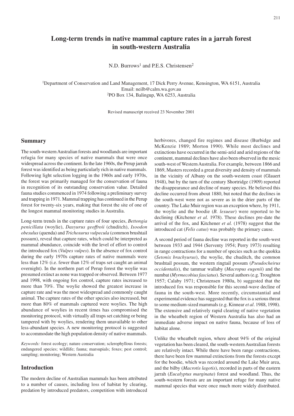 Long-Term Trends in Native Mammal Capture Rates in a Jarrah Forest in South-Western Australia