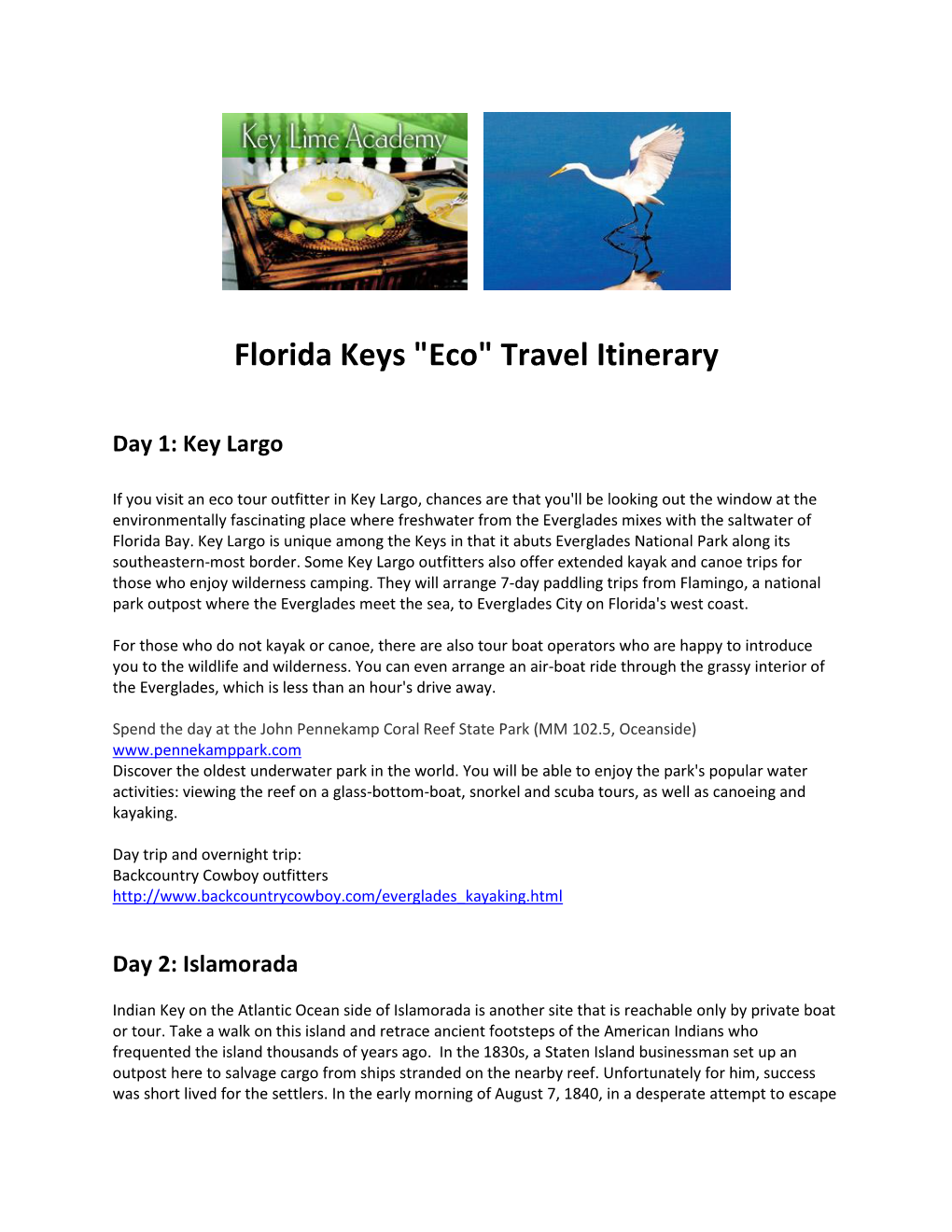 Florida Keys "Eco" Travel Itinerary