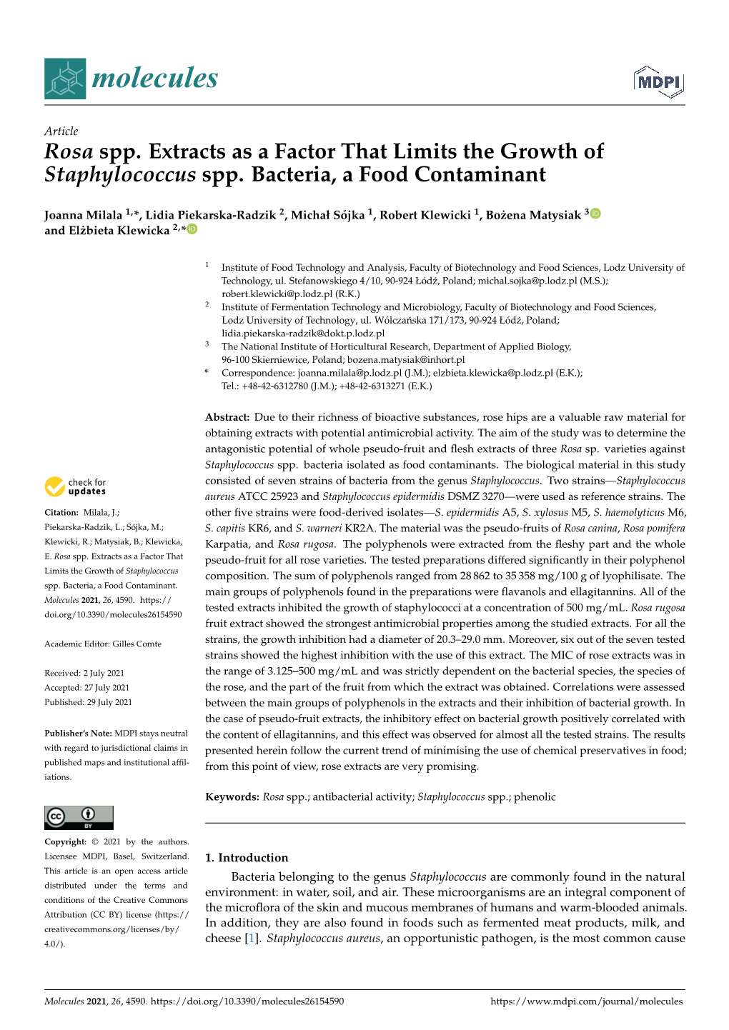 Rosa Spp. Extracts As a Factor That Limits the Growth of Staphylococcus Spp