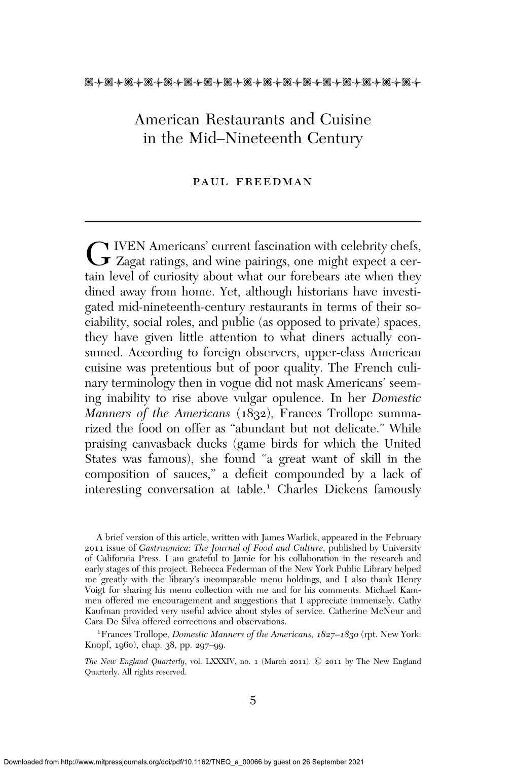 American Restaurants and Cuisine in the Mid–Nineteenth Century