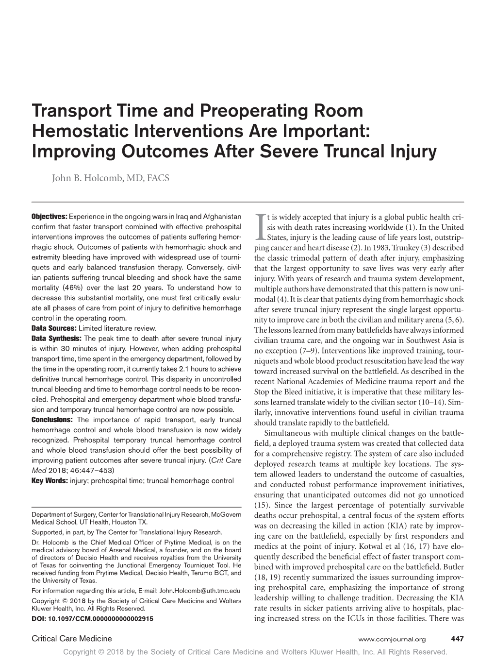 Improving Outcomes After Severe Truncal Injury