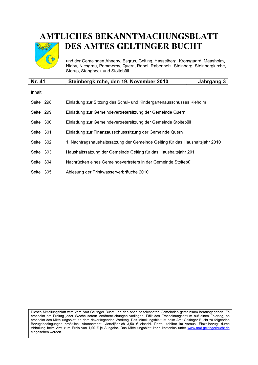 Amtliches Bekanntmachungsblatt Des Amtes Geltinger Bucht Nr. 41/2010