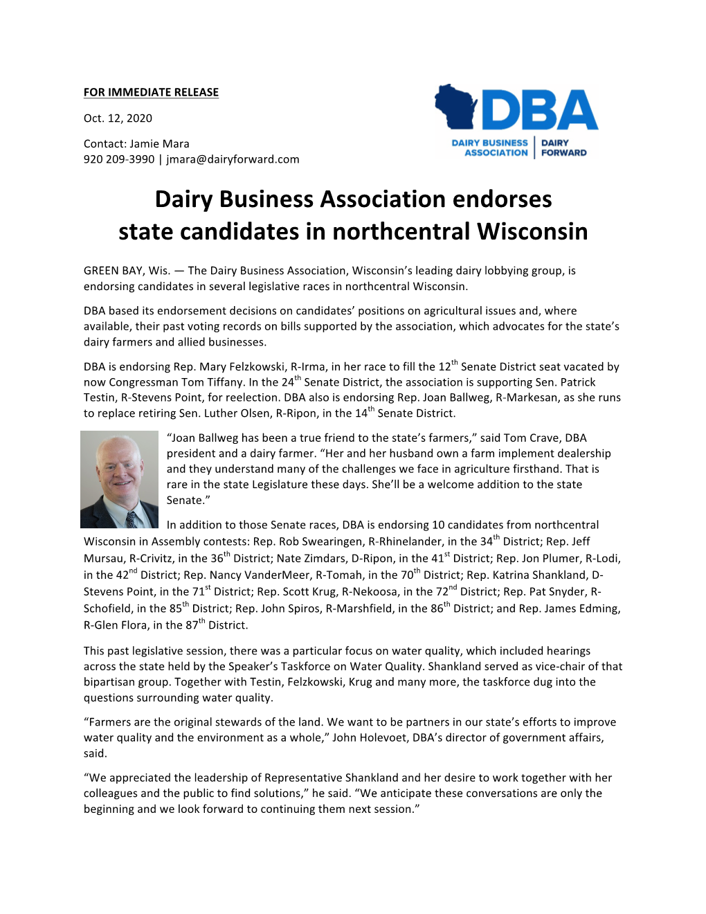 Dairy Business Association Endorses State Candidates in Northcentral Wisconsin