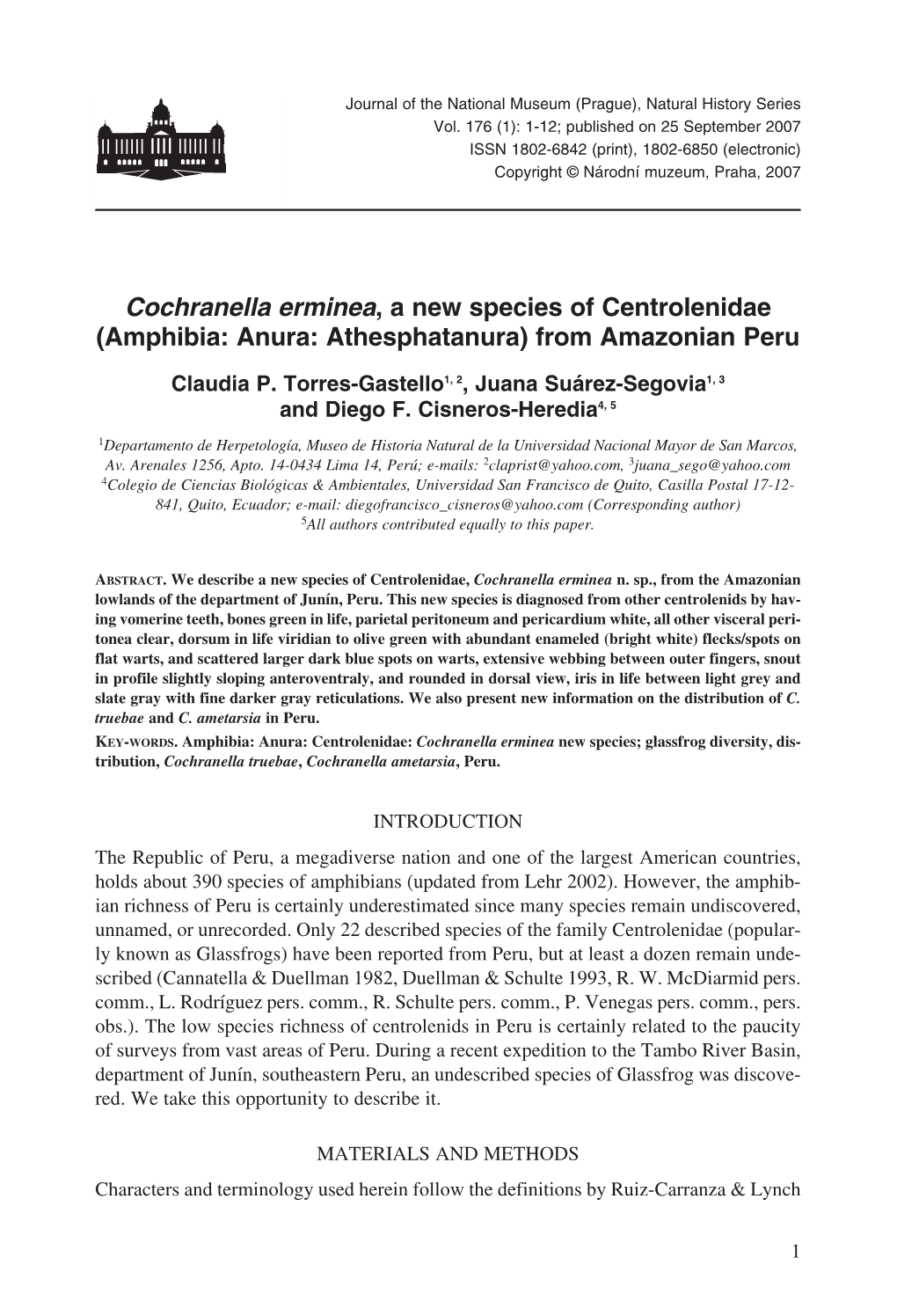 Cochranella Erminea, a New Species of Centrolenidae (Amphibia: Anura: Athesphatanura) from Amazonian Peru