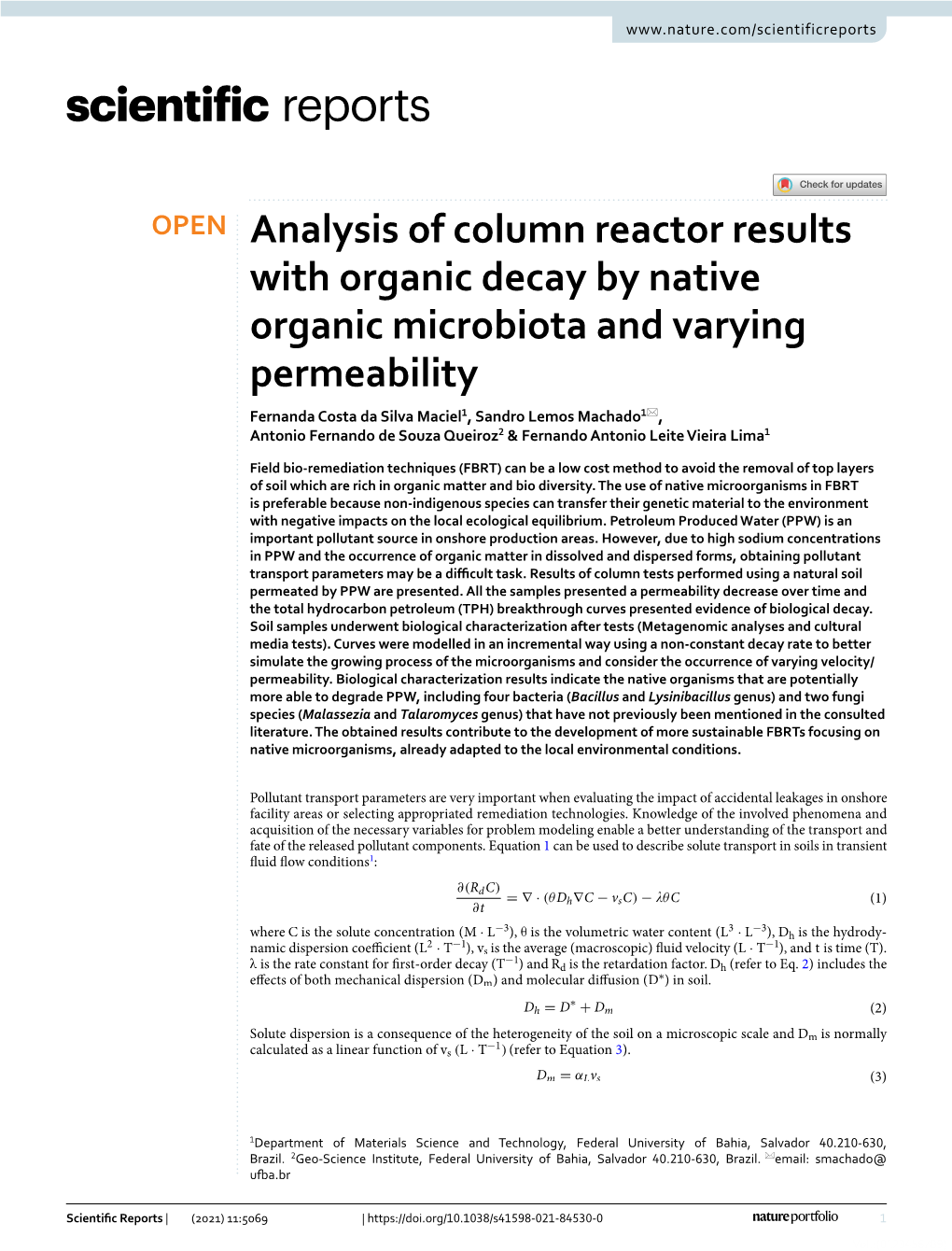 Analysis of Column Reactor Results with Organic Decay by Native Organic